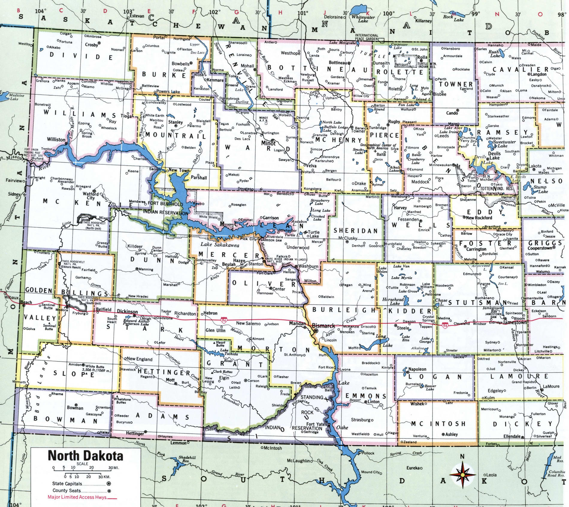 Map of North Dakota counties. A detailed map of North Dakota with county borders, cities, and towns.
