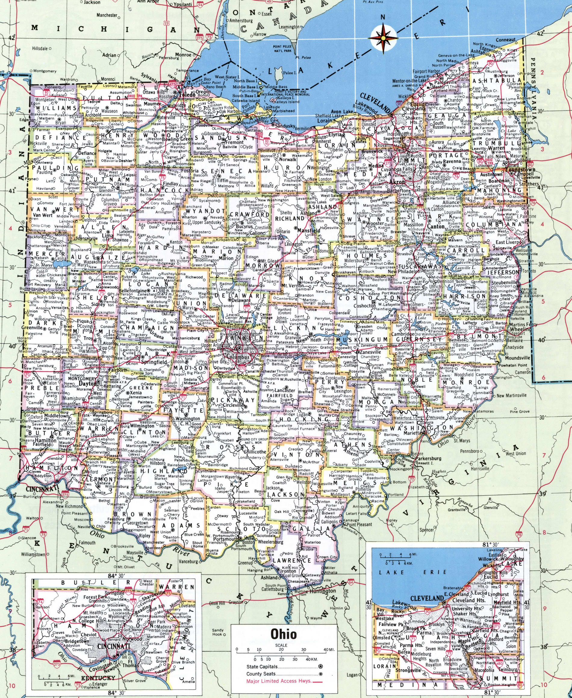 Map of Ohio counties. A detailed map of Ohio with county borders, cities, and towns.