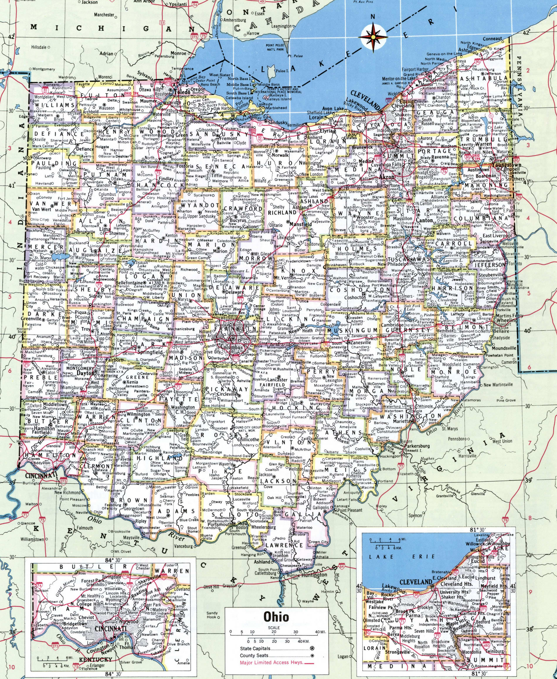 Map of Ohio showing county with cities,road highways,counties,towns