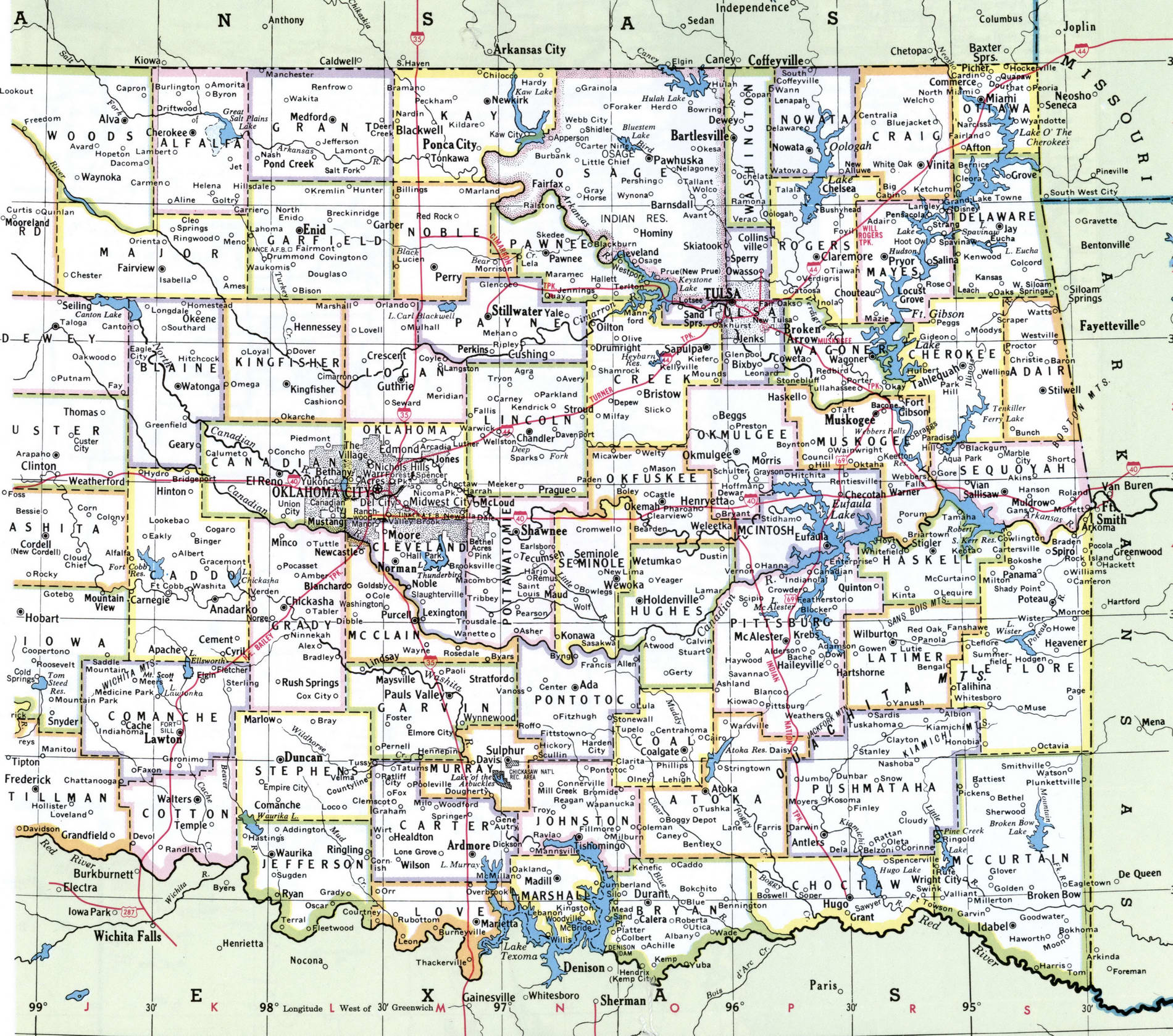 Map of Oklahoma showing county with cities, counties, road highways