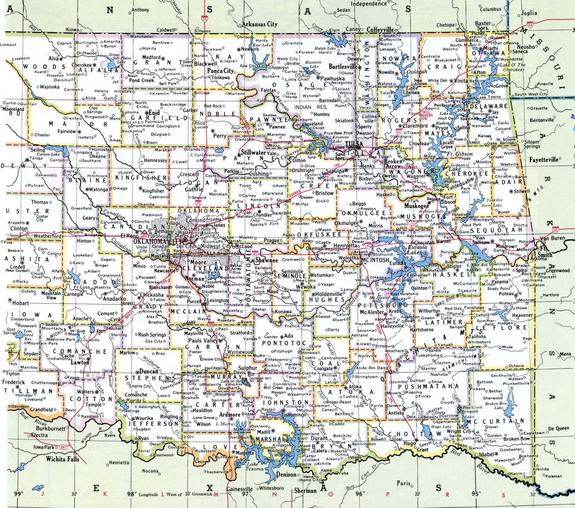 Map of Oklahoma counties. A detailed map of Oklahoma with county borders, cities, and towns.