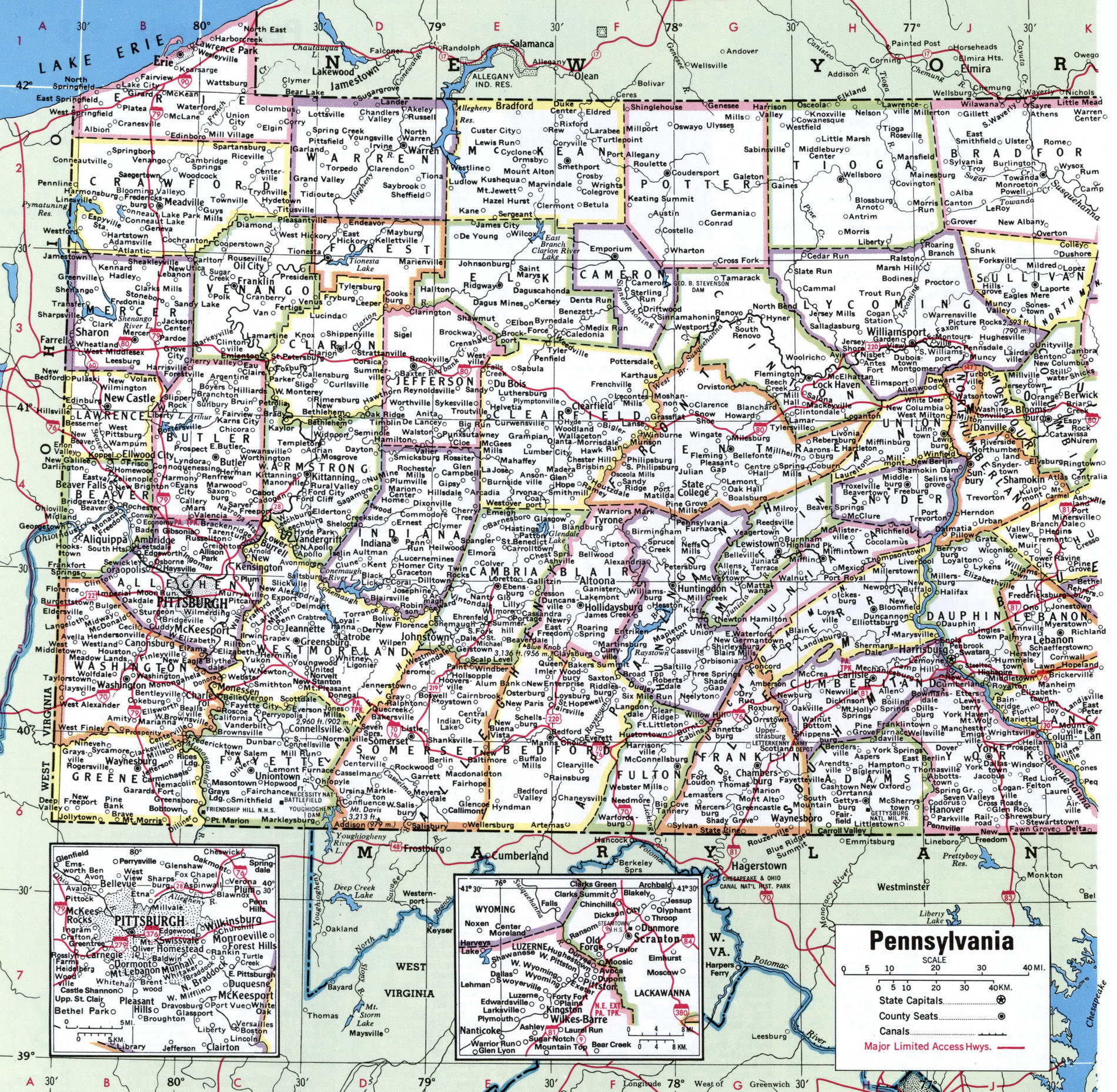 Map of Pennsylvania counties. A detailed map of Pennsylvania with county borders, cities, and towns.