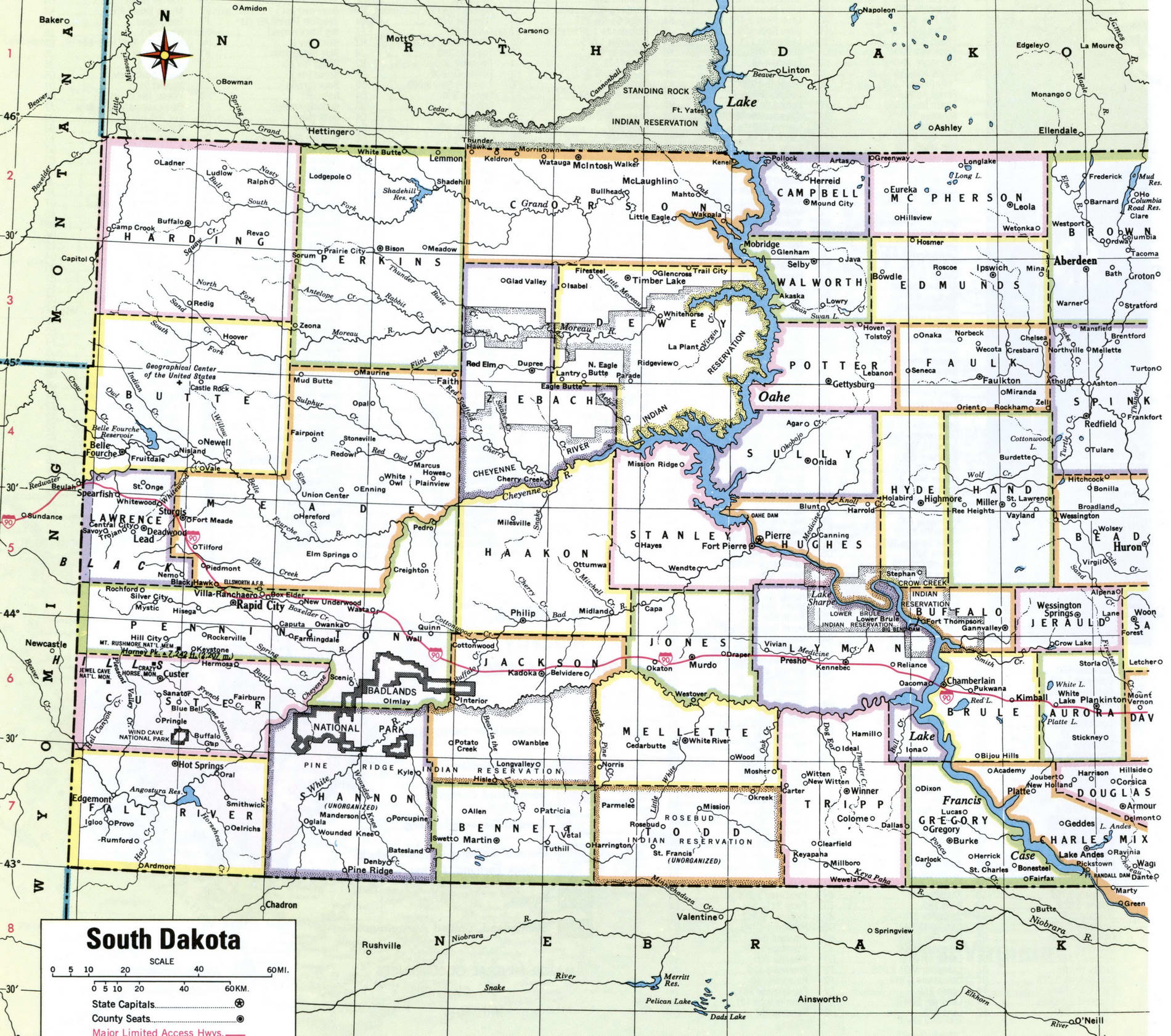 Map of South Dakota counties. A detailed map of South Dakota with county borders, cities, and towns.