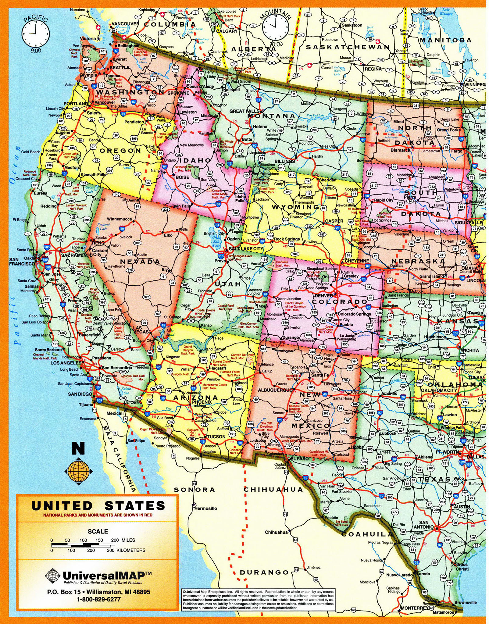 Detailed map of Time Zones of west half of USA.