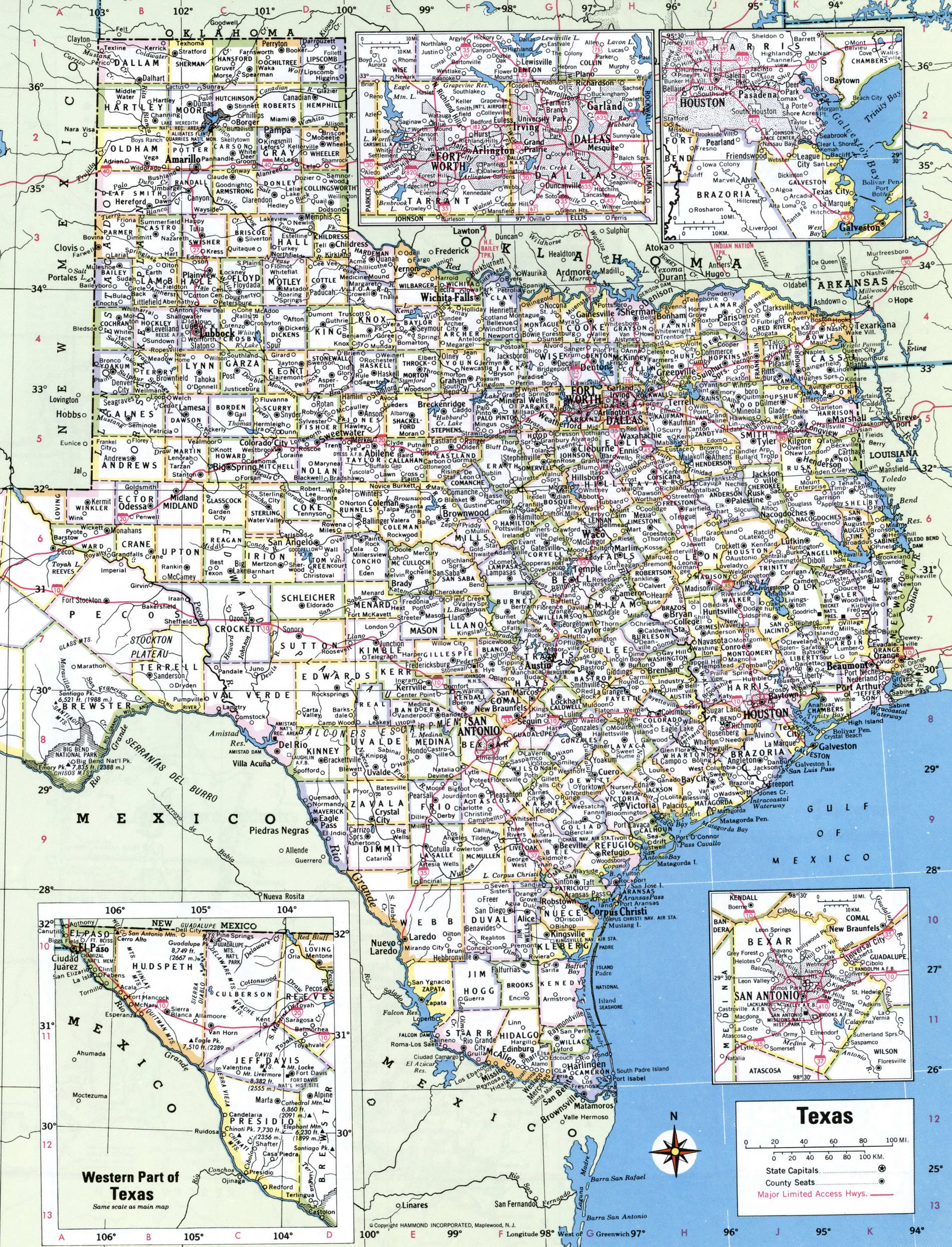 Map of Texas showing county with cities and road highways, counties Texas