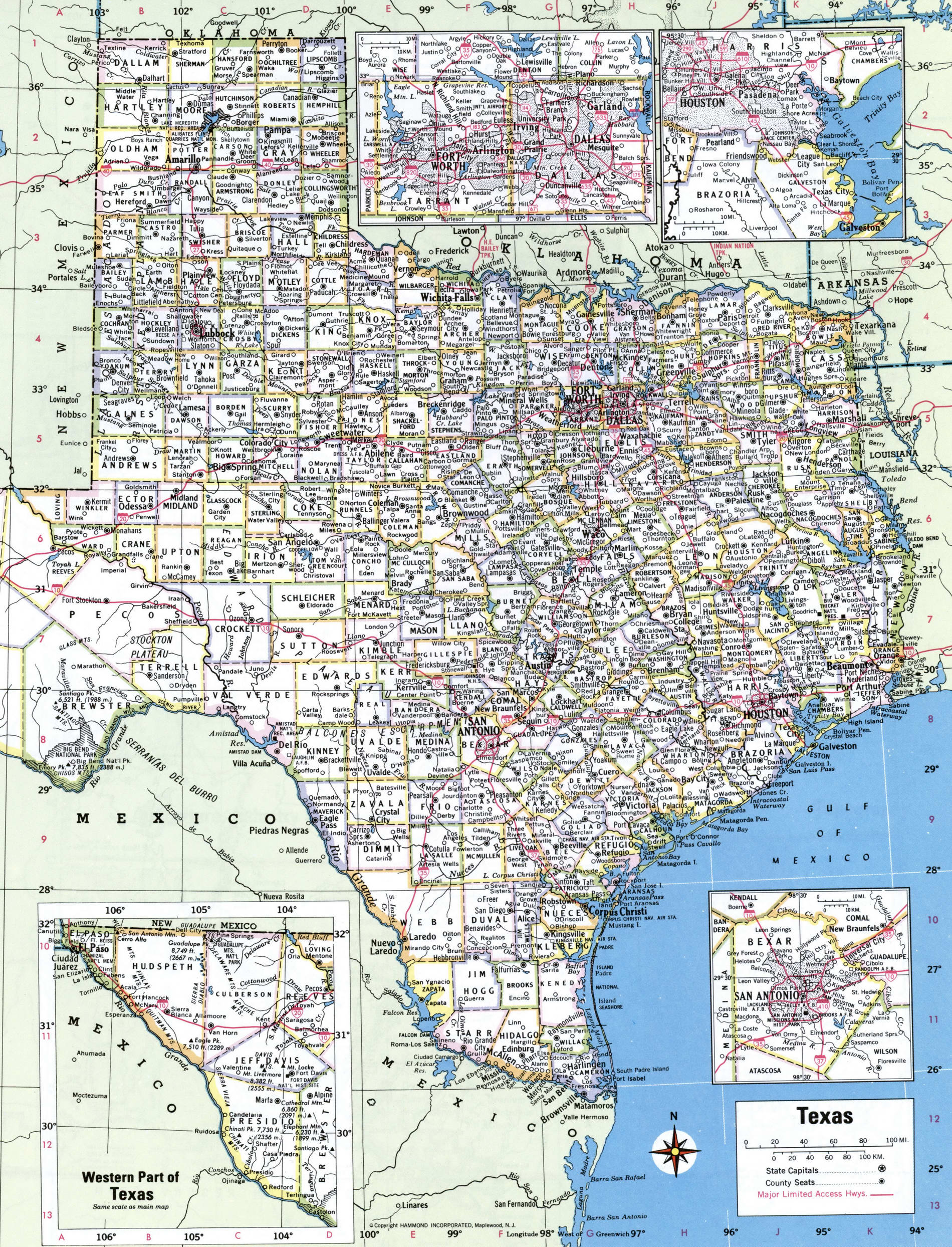 Map of Texas counties. A detailed map of Texas with county borders, cities, and towns.