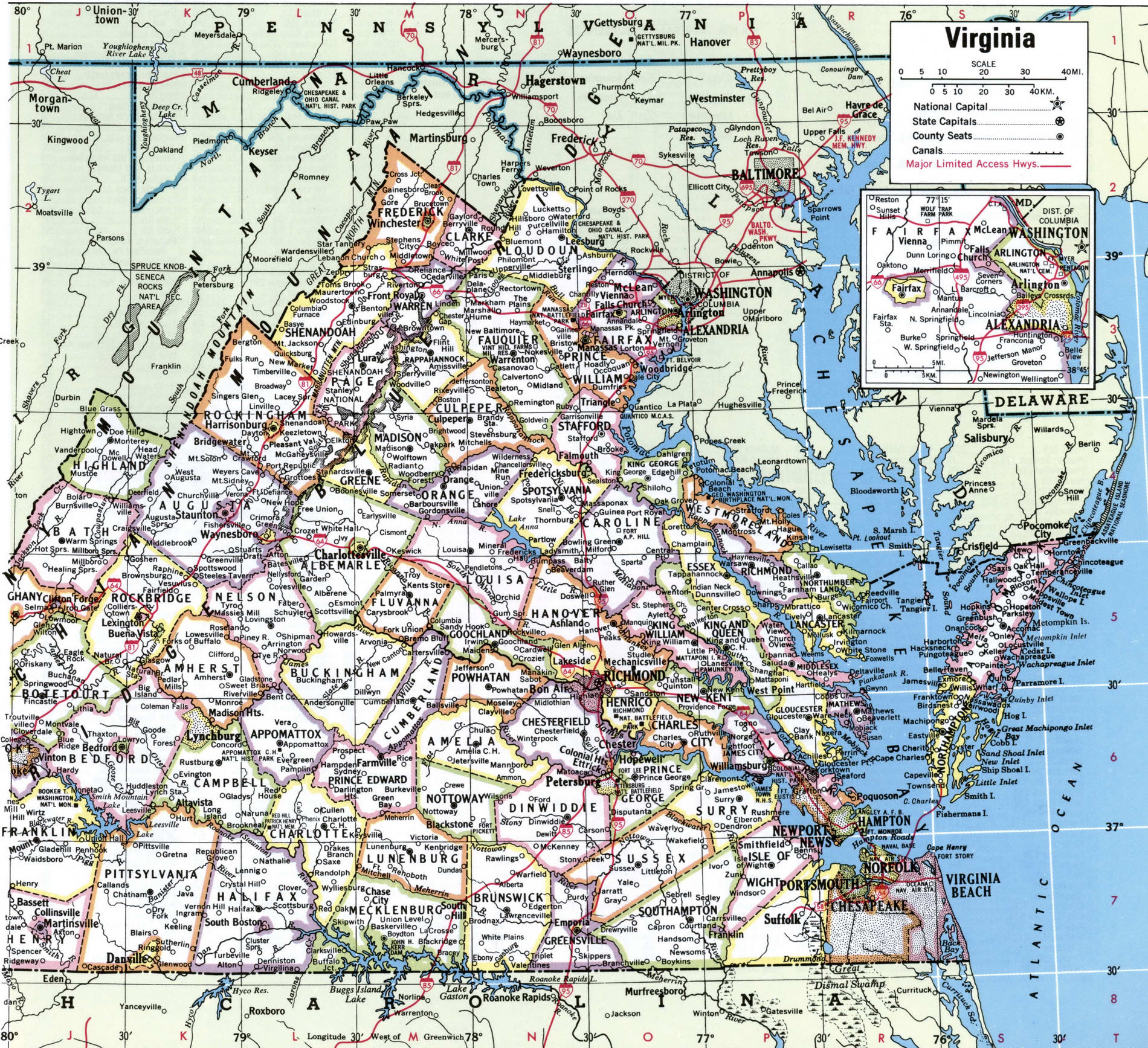Map of Virginia counties. A detailed map of Virginia with county borders, cities, and towns.