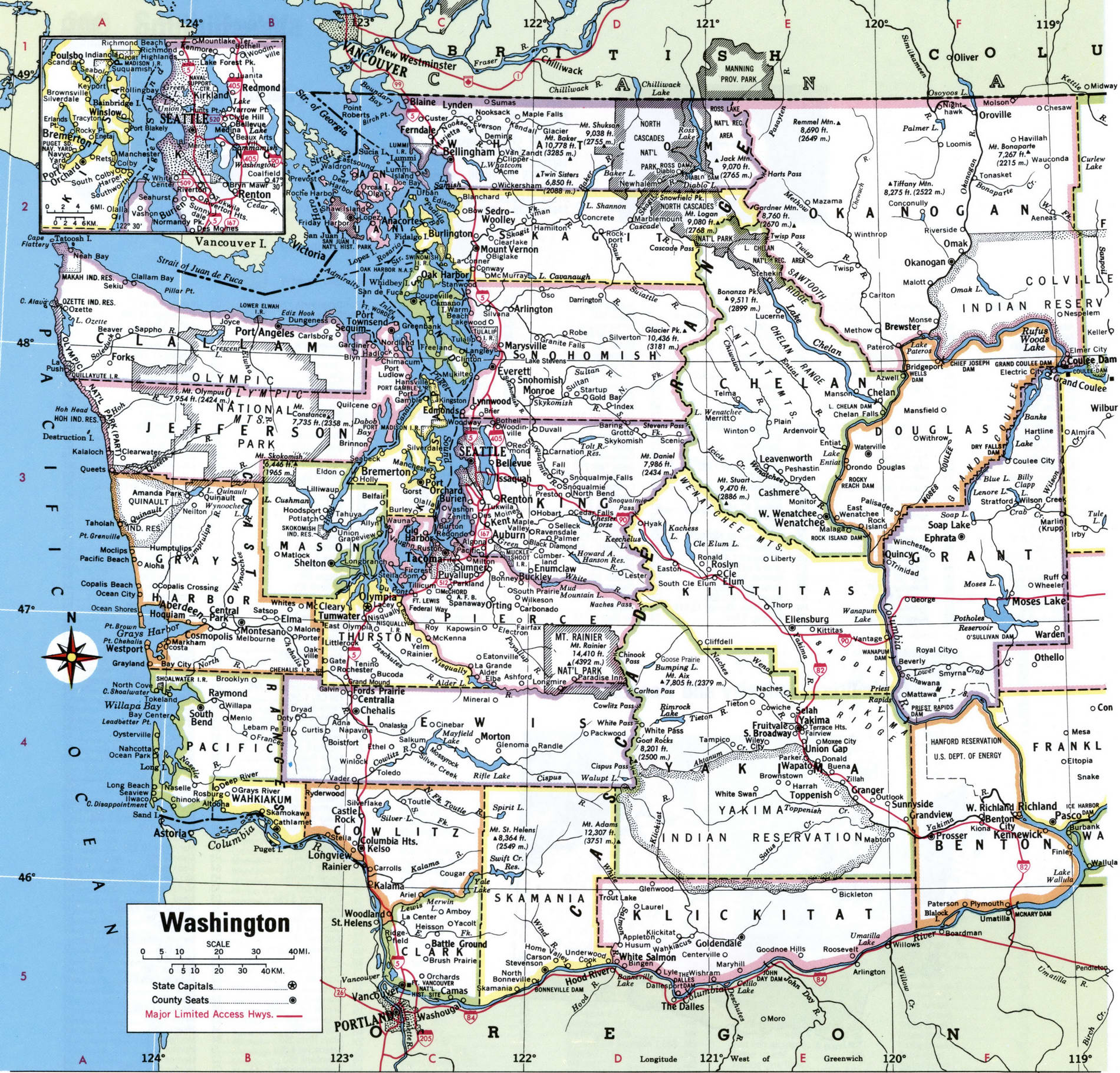 Map of Washington counties. A detailed map of Washington with county borders, cities, and towns.