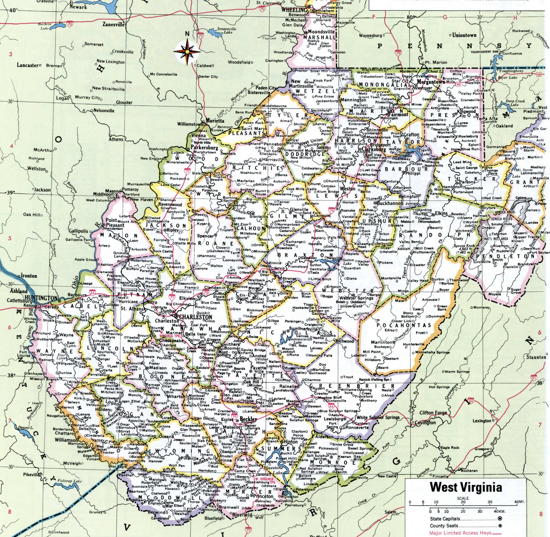 Map of West Virginia counties. A detailed map of West Virginia with county borders, cities, and towns.