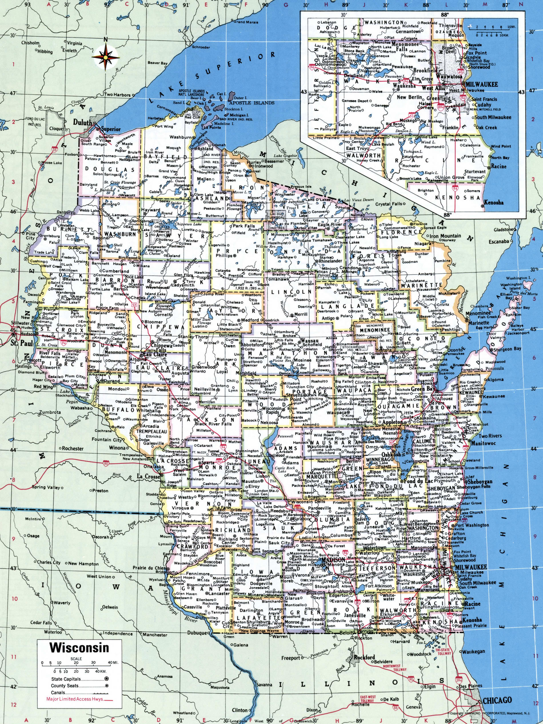 Map of Wisconsin counties. A detailed map of Wisconsin with county borders, cities, and towns.