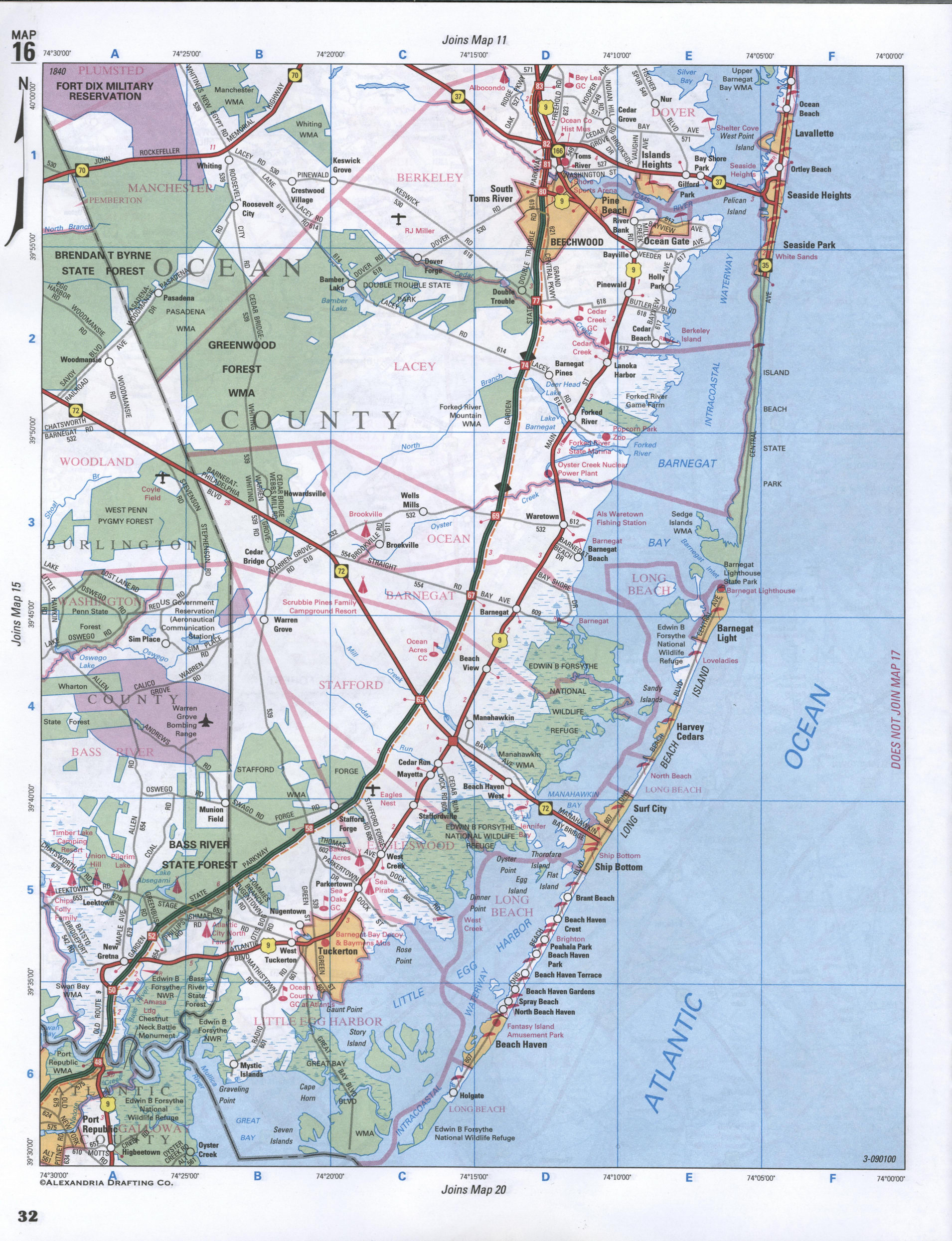 Map of Ocean County, New Jersey. Large map of county Ocean with cities and villages