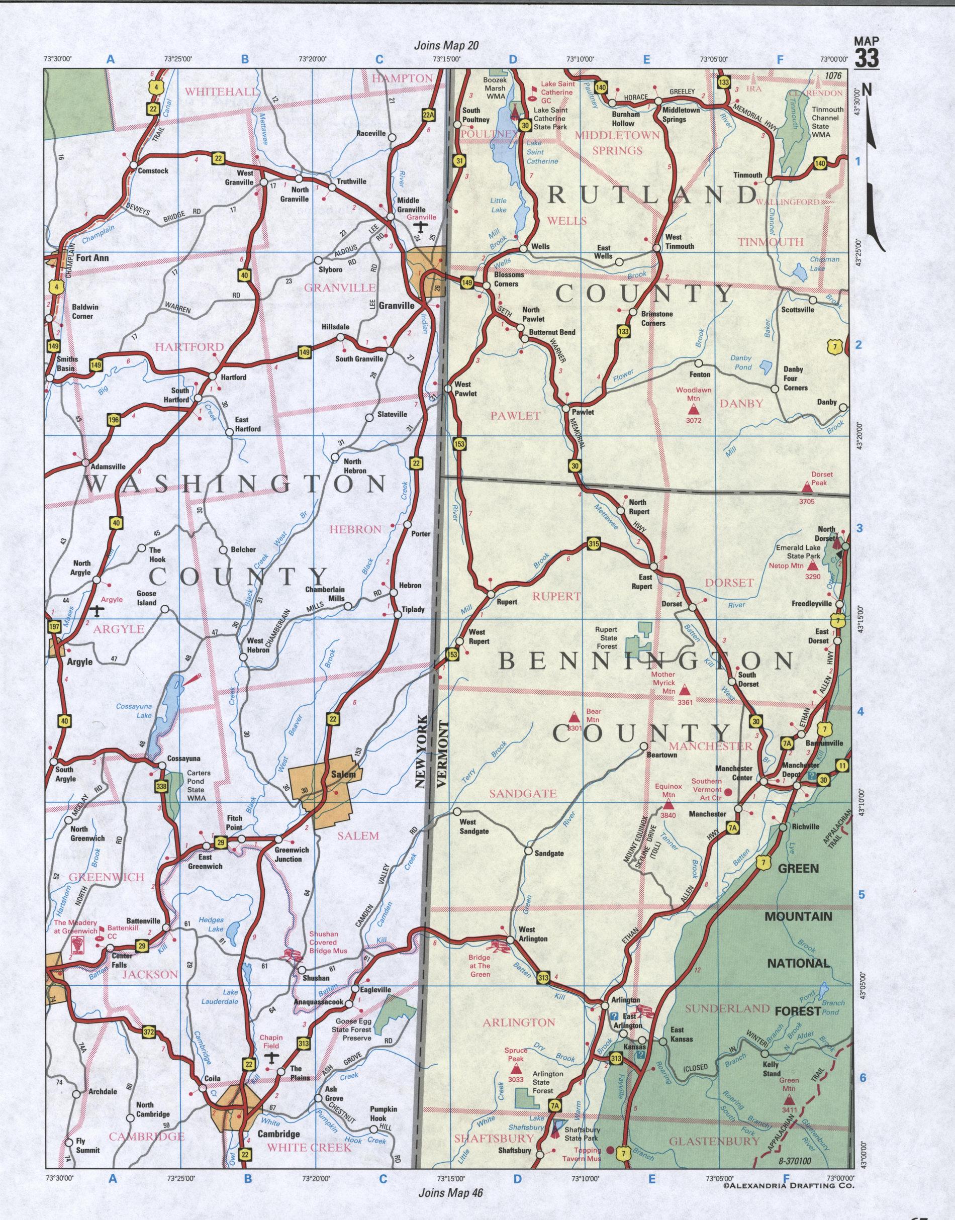 Map of Washington County, New York state. Large map of county Washington with cities and villages