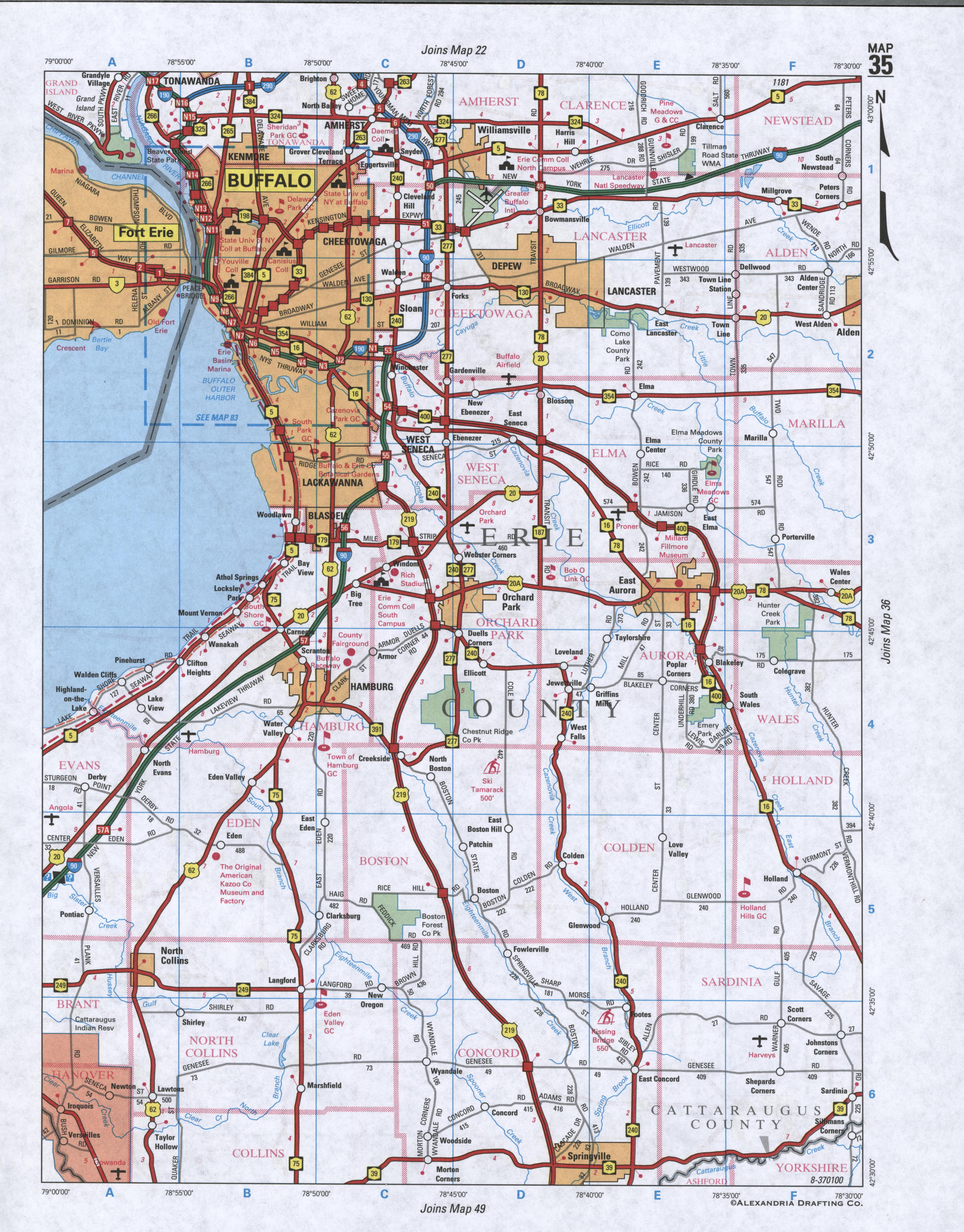Map of Erie County, New York state. Large map of county Erie with cities and villages