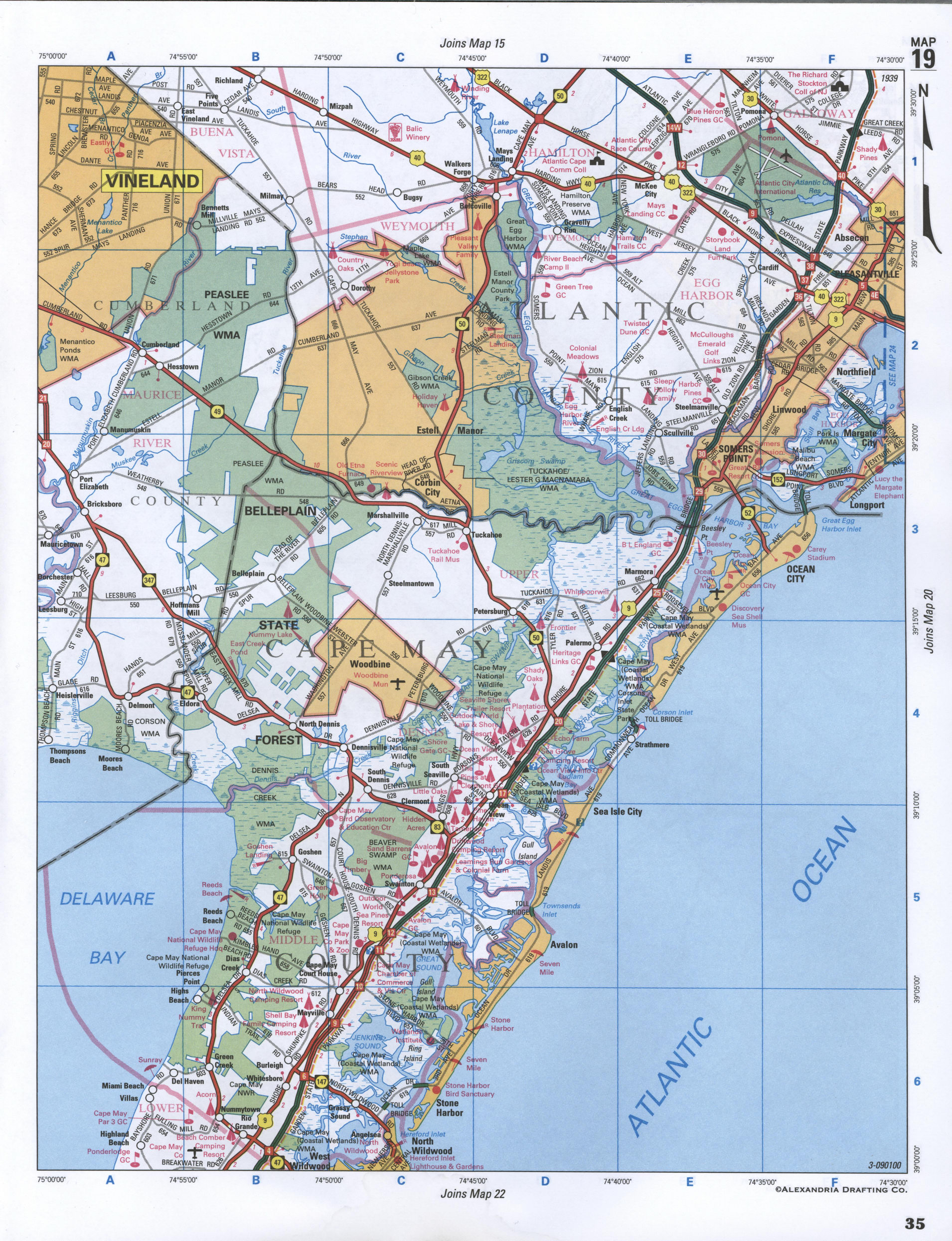 Map of Atlantic County, New Jersey state. Large map of county Atlantic with cities and villages