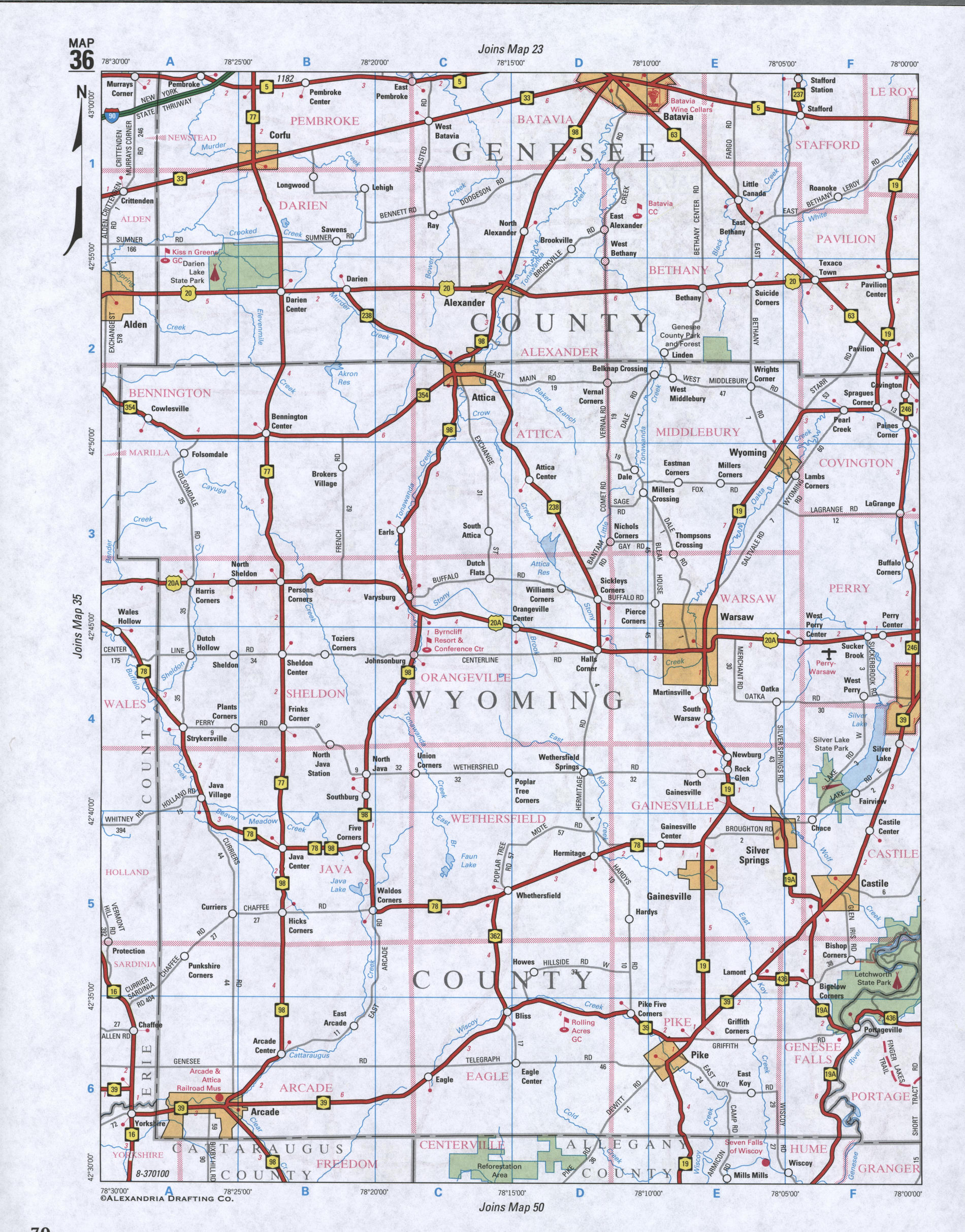 Map of Genesee County, New York state. Large map of county Genesee with cities and villages