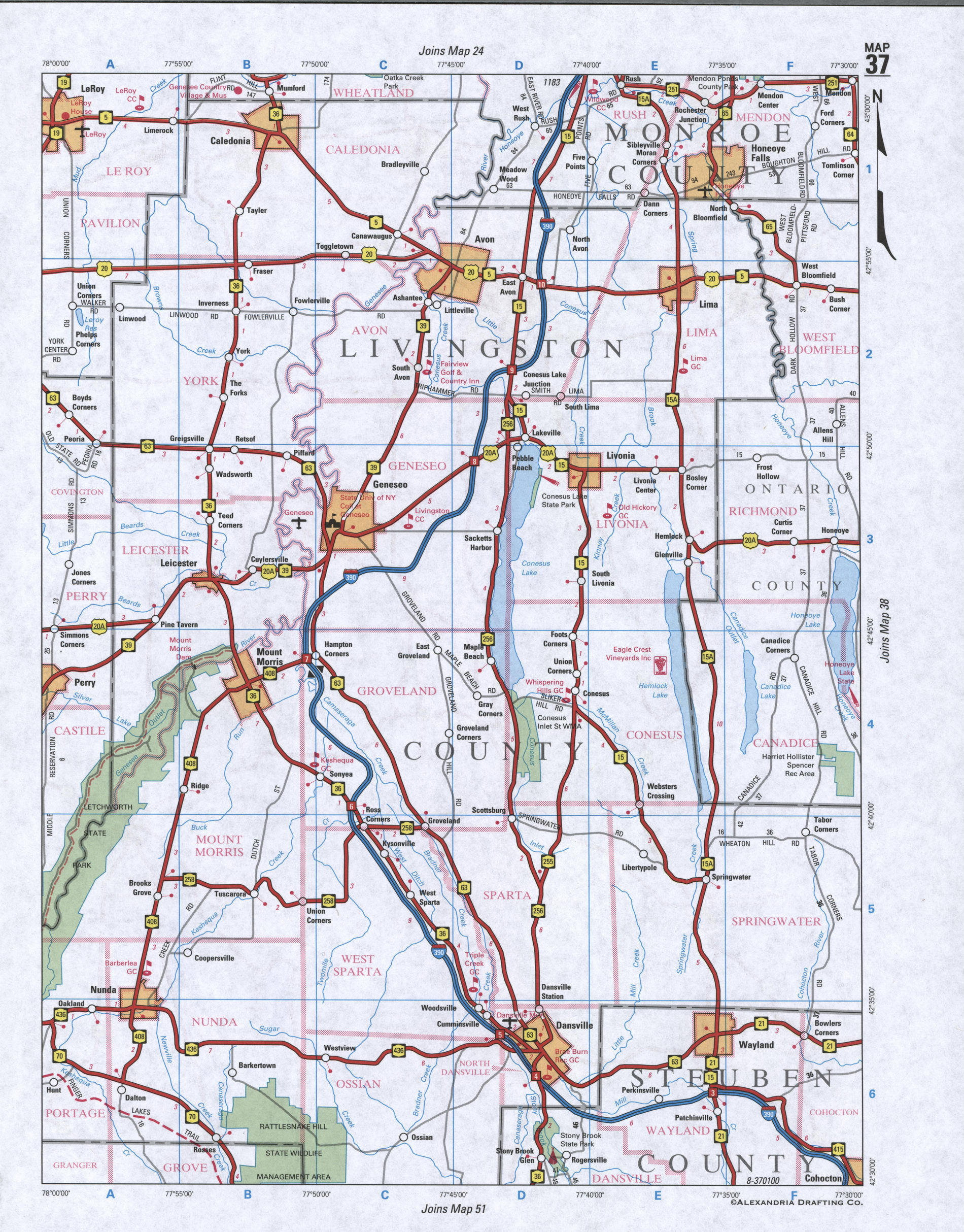 Map of Livingston County, New York state. Large map of county Livingston with cities and villages