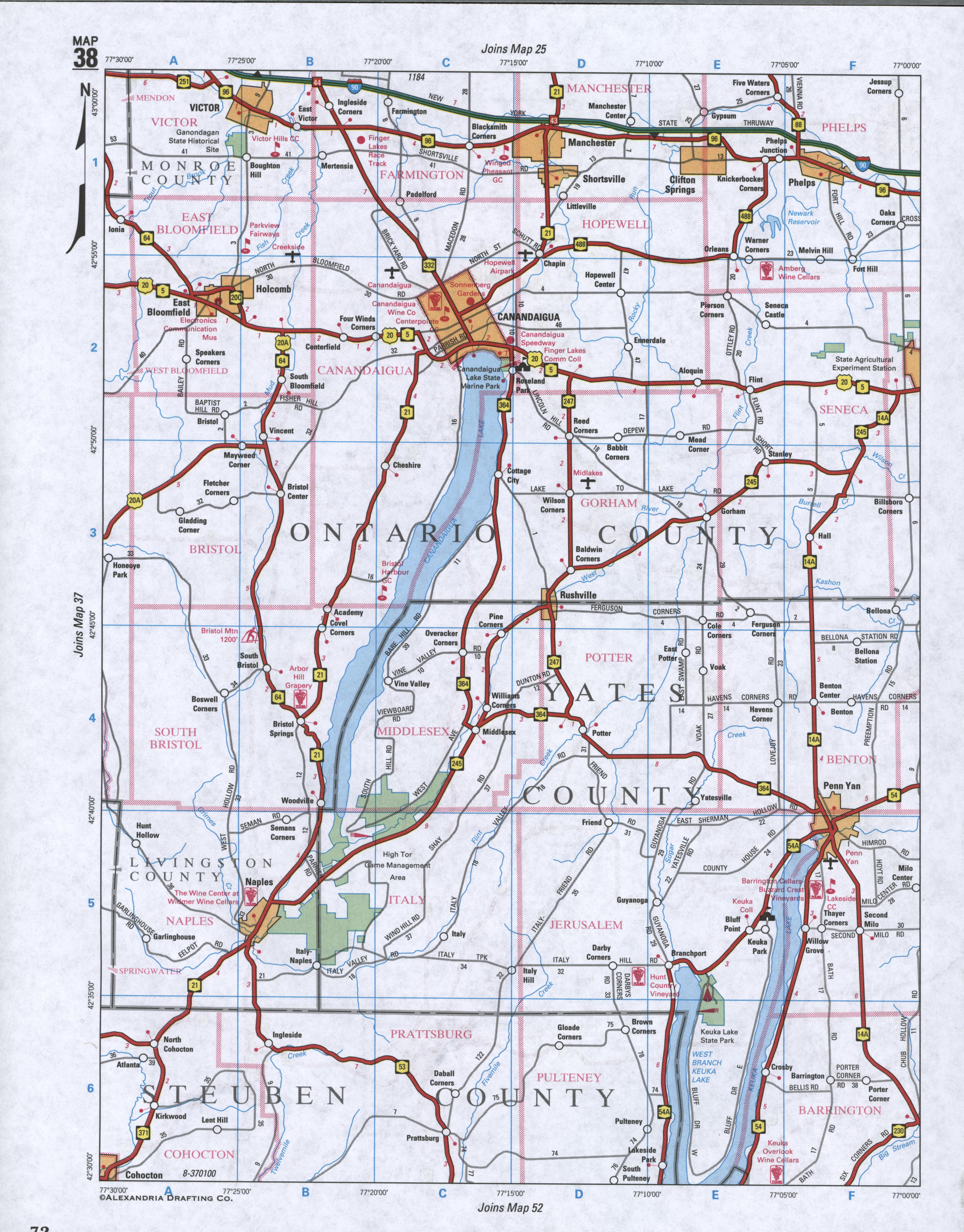 Map of Yates County, New York state. Large map of county Yates with cities and villages