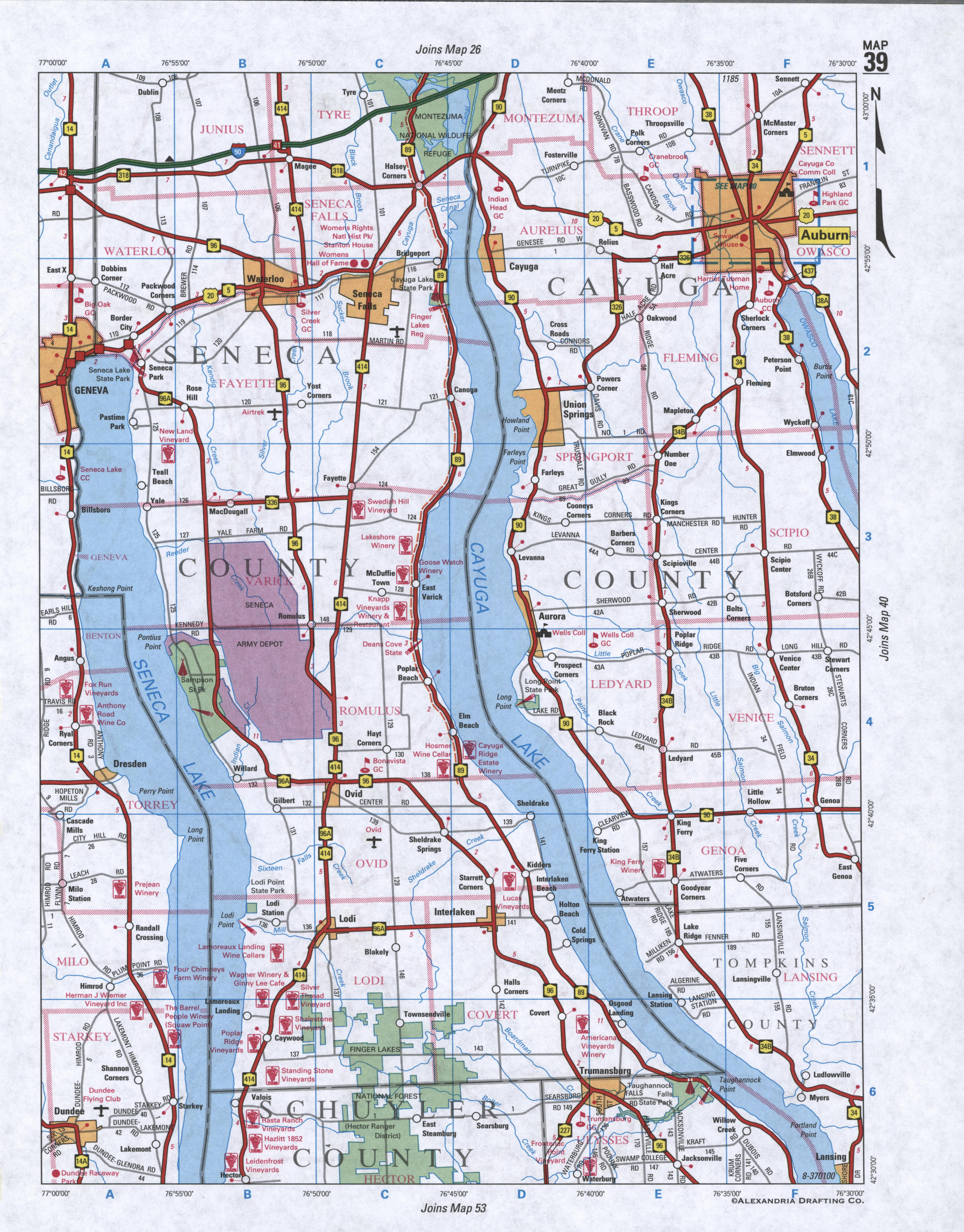 Map of Cayuga County, New York state. Large map of county Cayuga with cities and villages