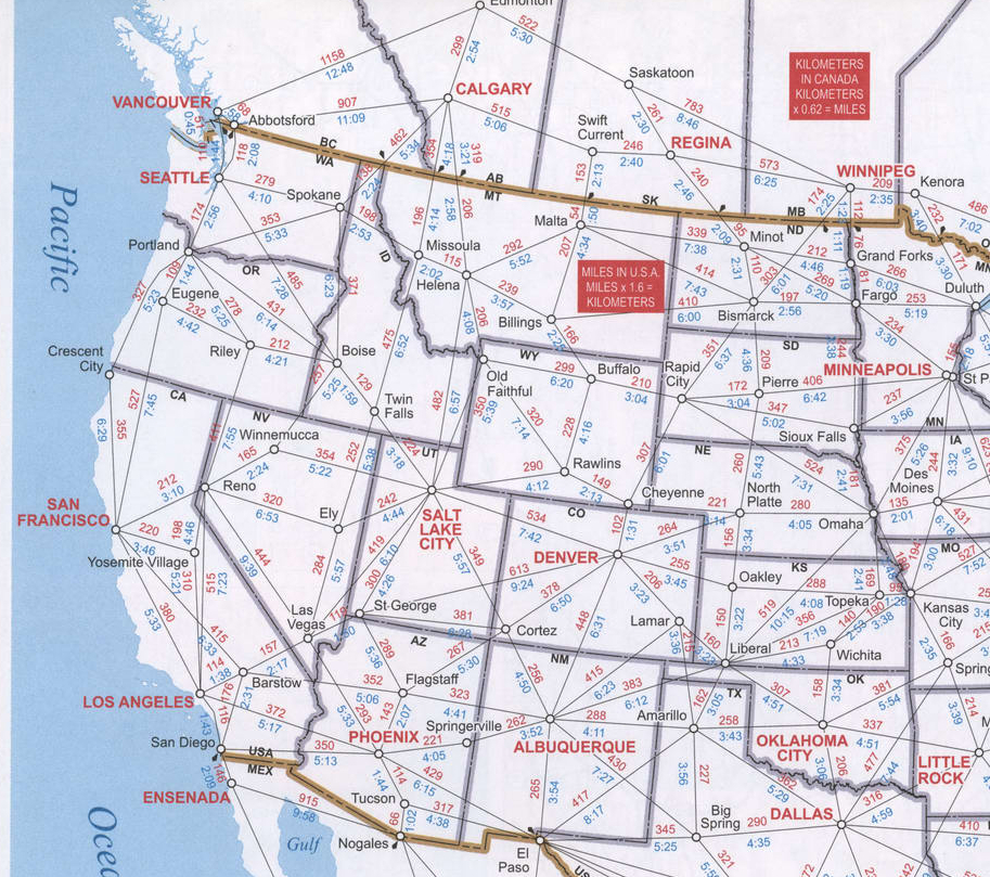 Map of region Western state US. A detailed map of the western states showing distances between cities and travel times on highways.