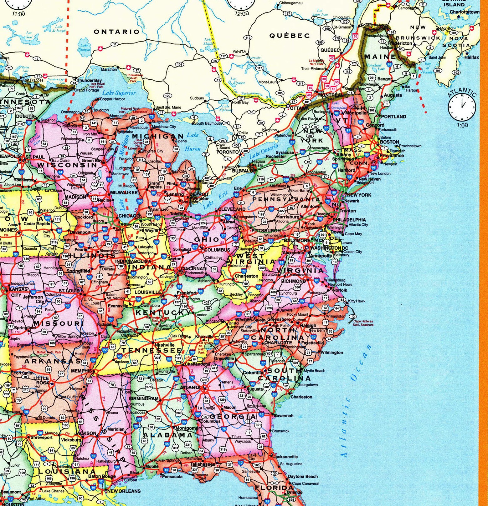 Detailed map of Time Zones of east half of USA