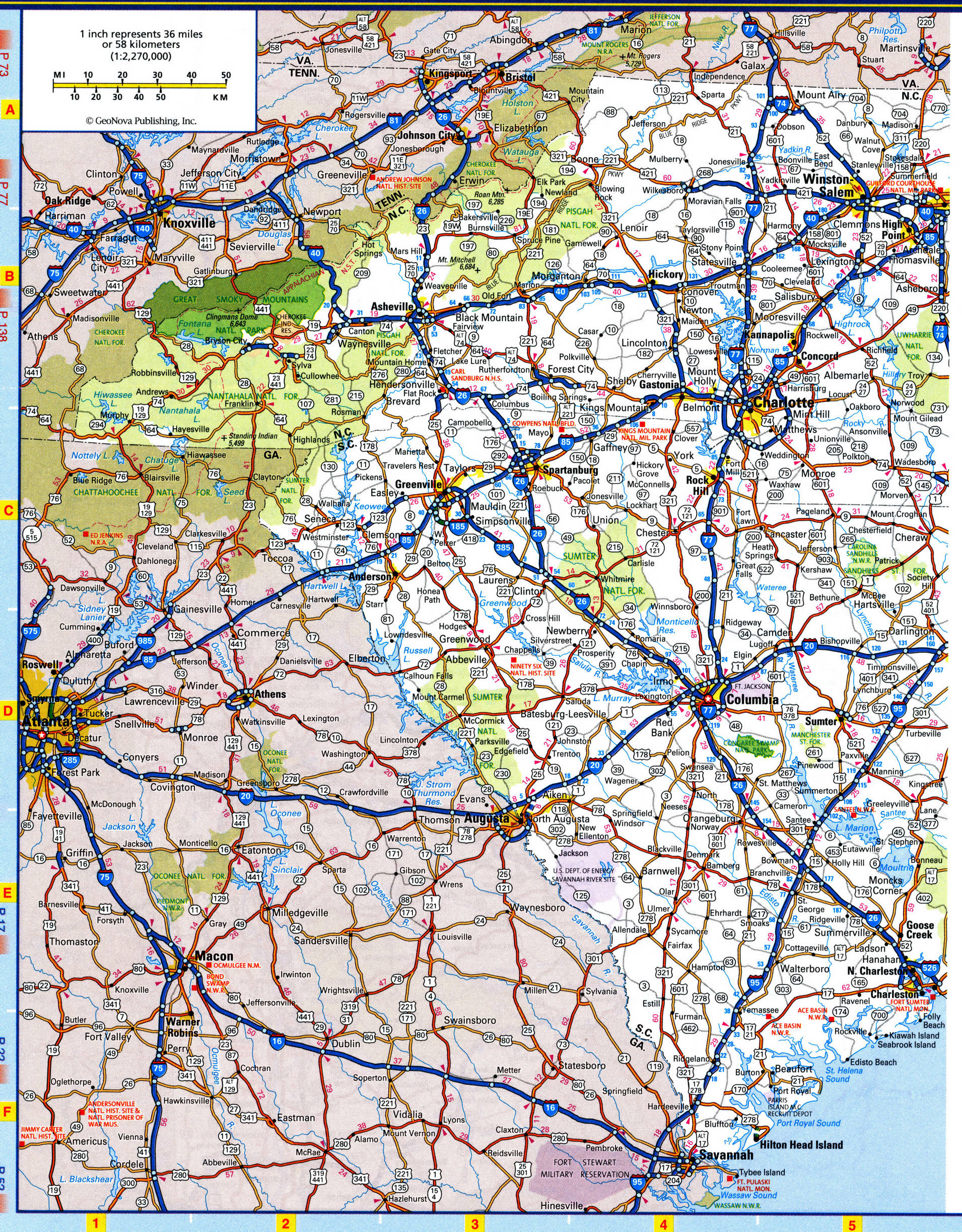 North Carolina map with national parks