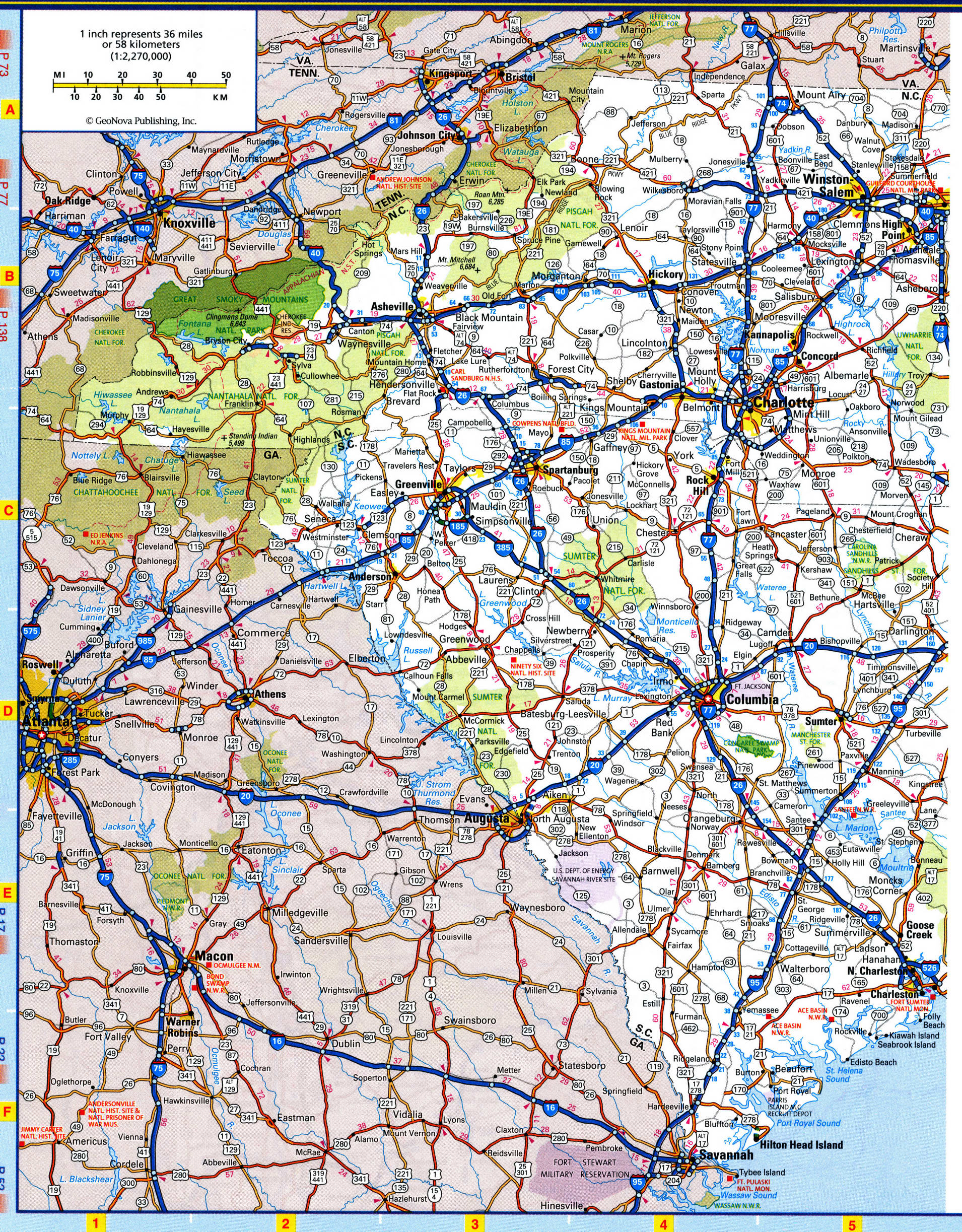 Detailed road map of the state of South Carolina. South Carolina map with national and states parks