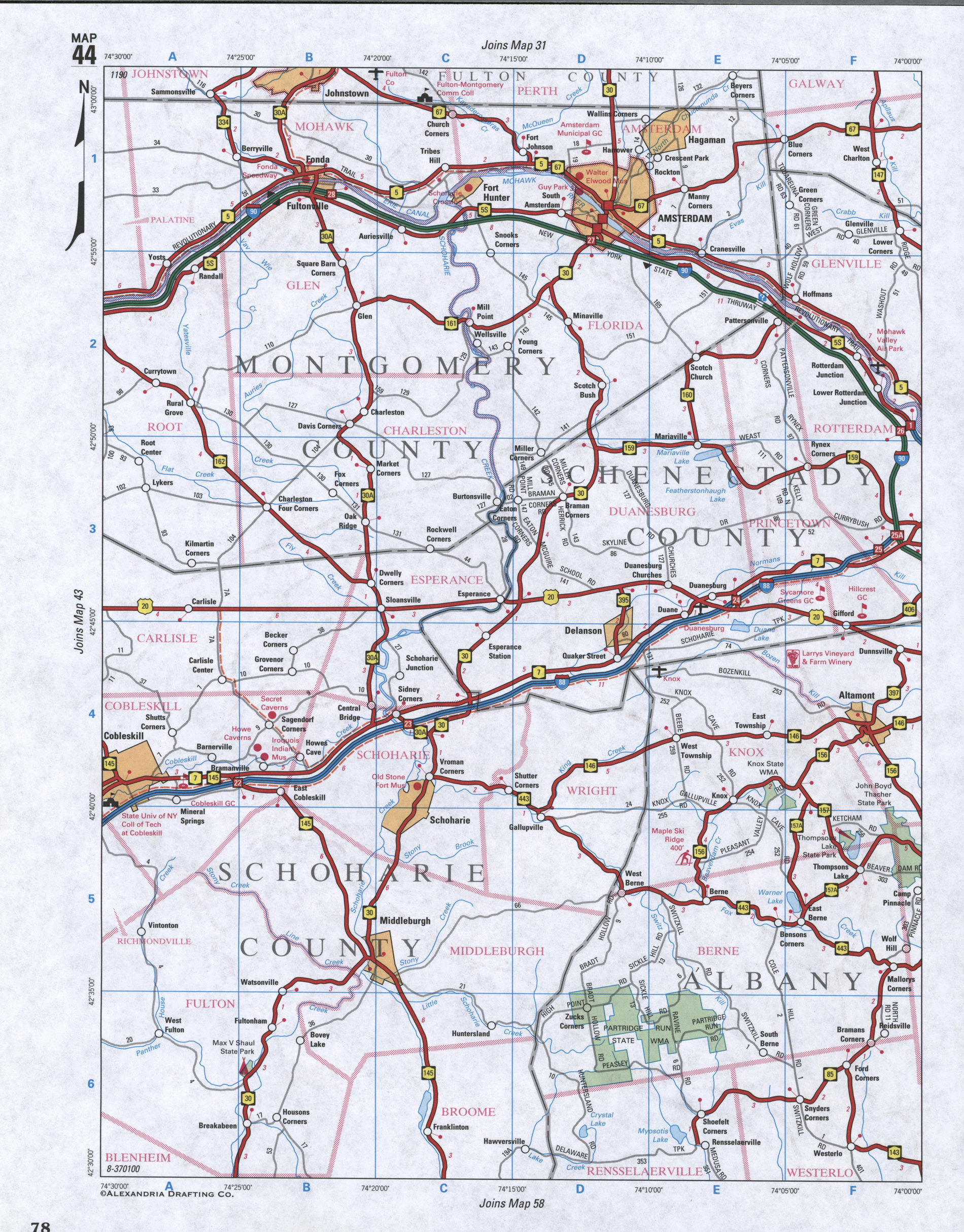 Map of Albany County, New York state. Large map of county Albany with cities and villages