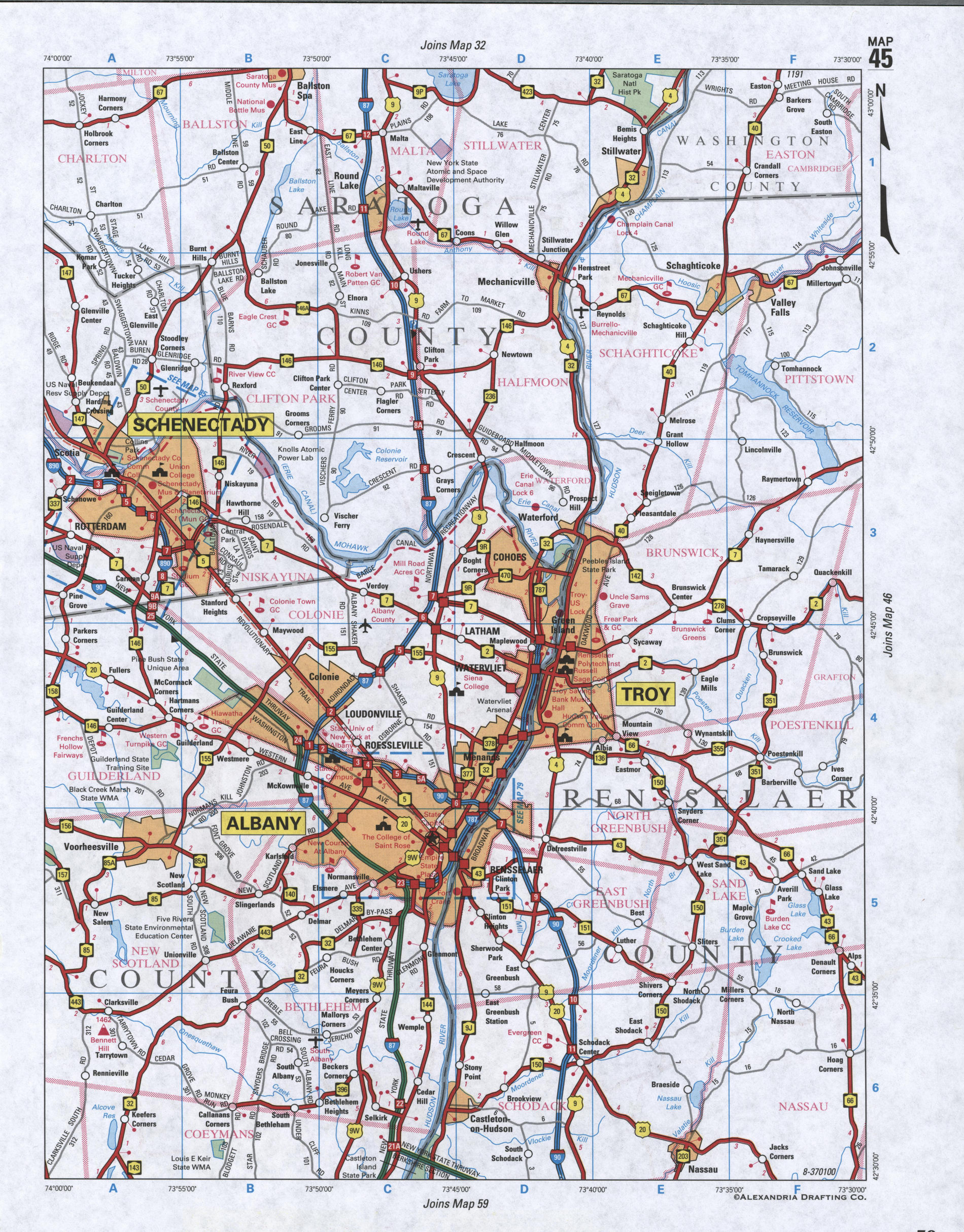 Map of Albany County. Large map of county Albany with cities and villages