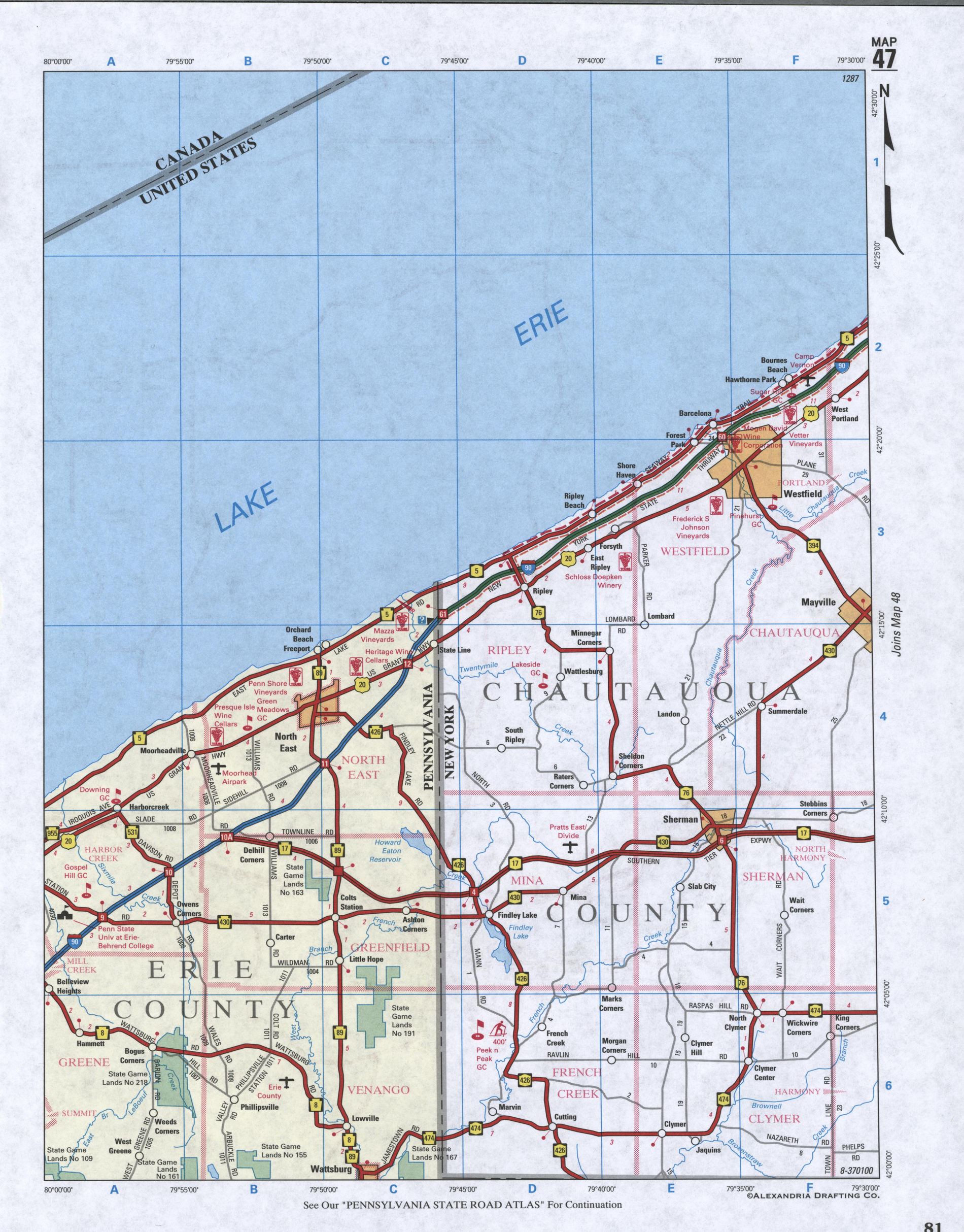 Map of Chautauqua County, New York state. Large map of county Chautauqua with cities and villages