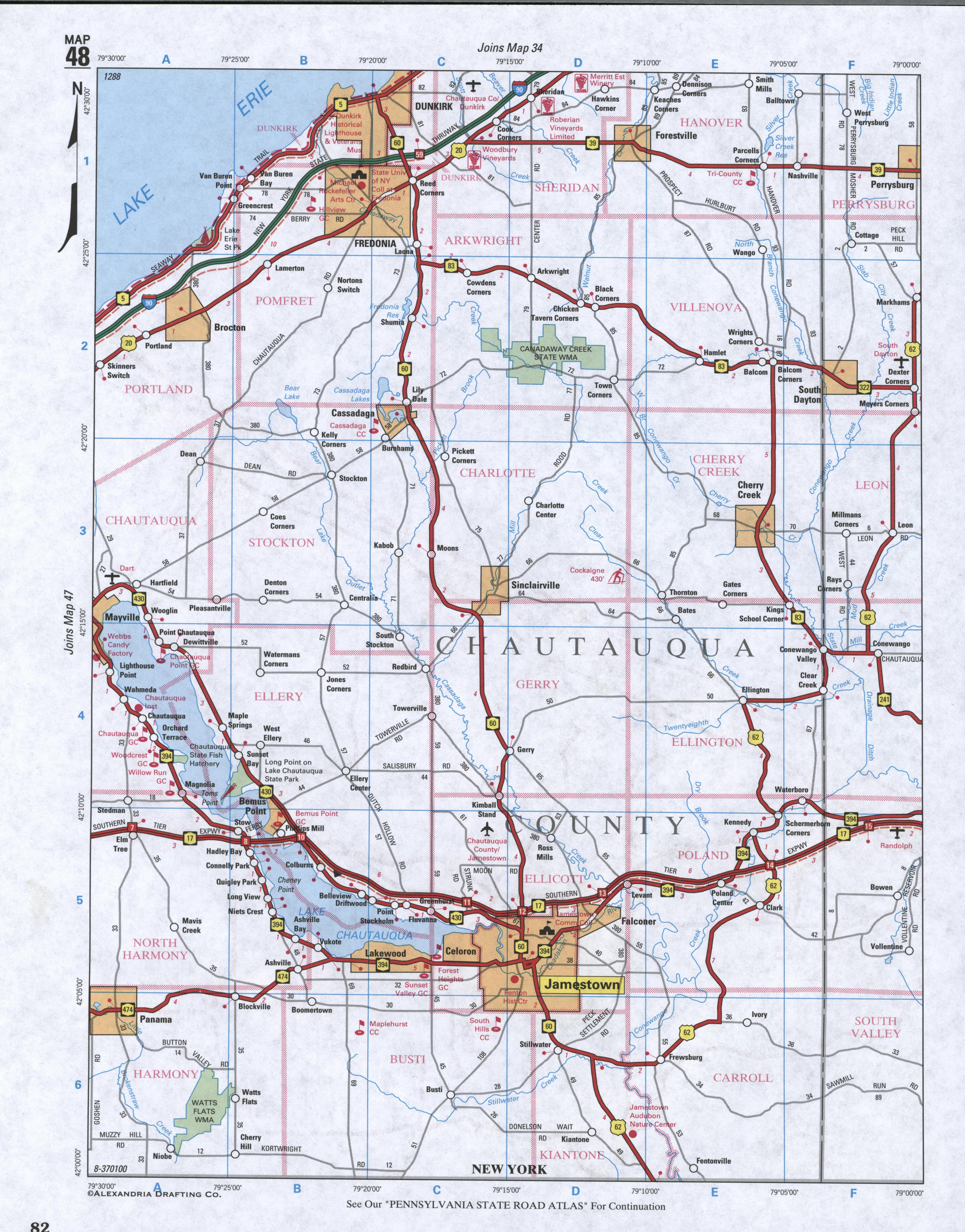 Map of Chautauqua County, New York state. Large map of county Chautauqua with cities and villages