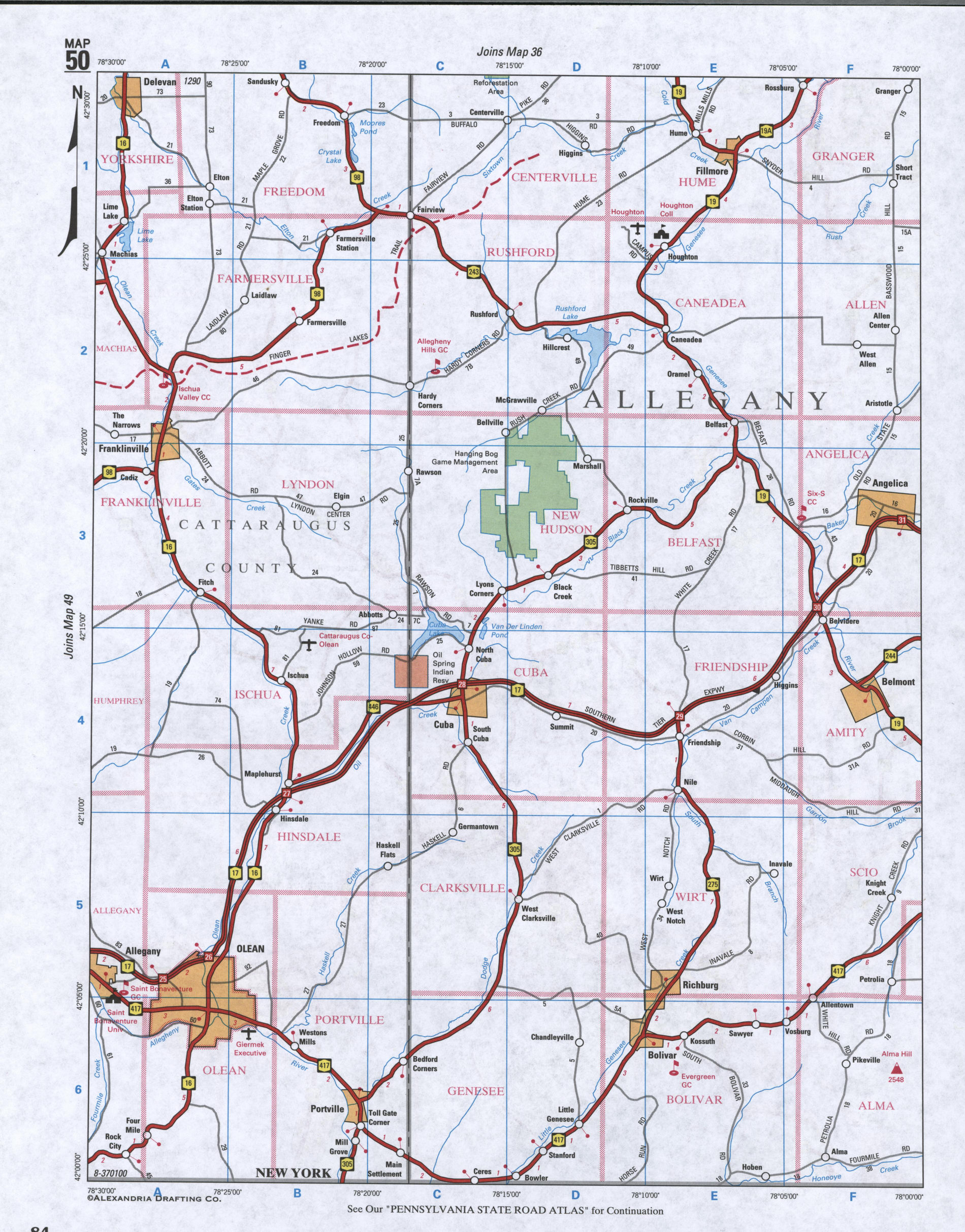 Map of Allegany County, New York state. Large map of county Allegany with cities and villages