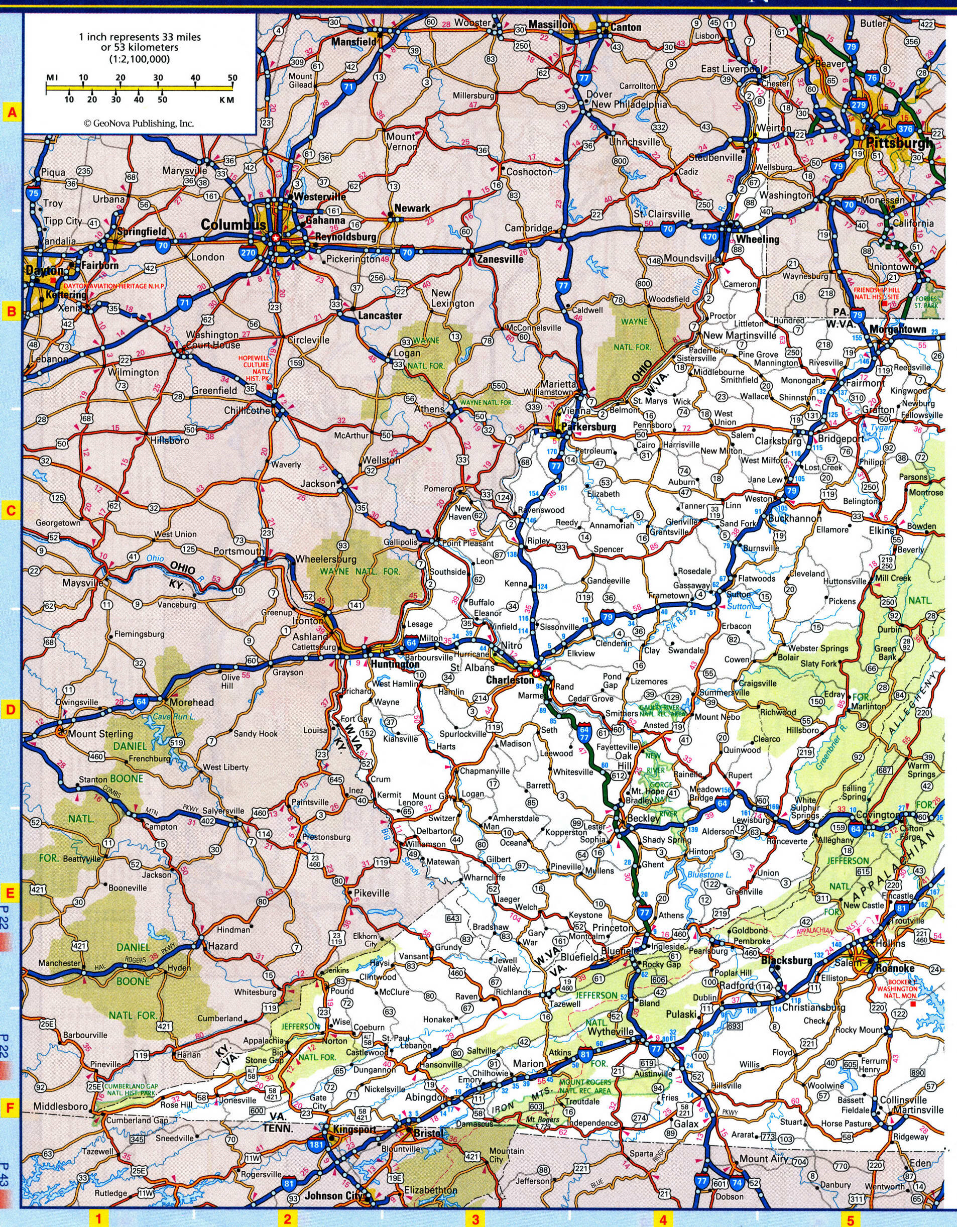 Detailed road map of the state of West Virginia. West Virginia map with national and states parks