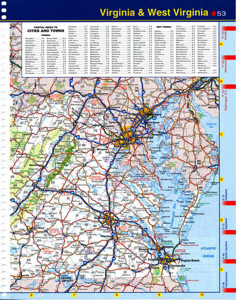 Map of Virginia state - highways, national parks, reserves, recreation areas