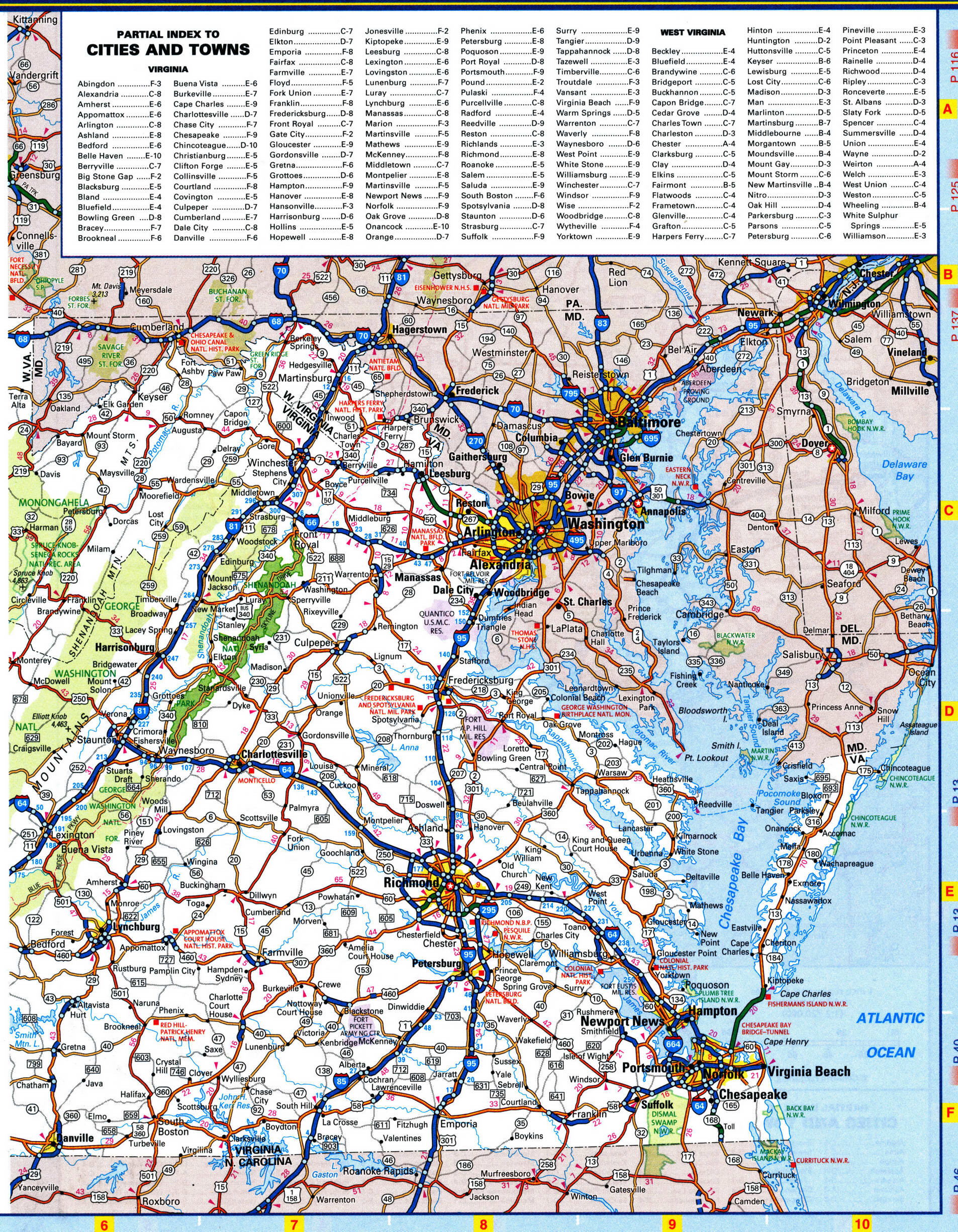 Detailed road map of the state of Virginia. Virginia map with national and states parks