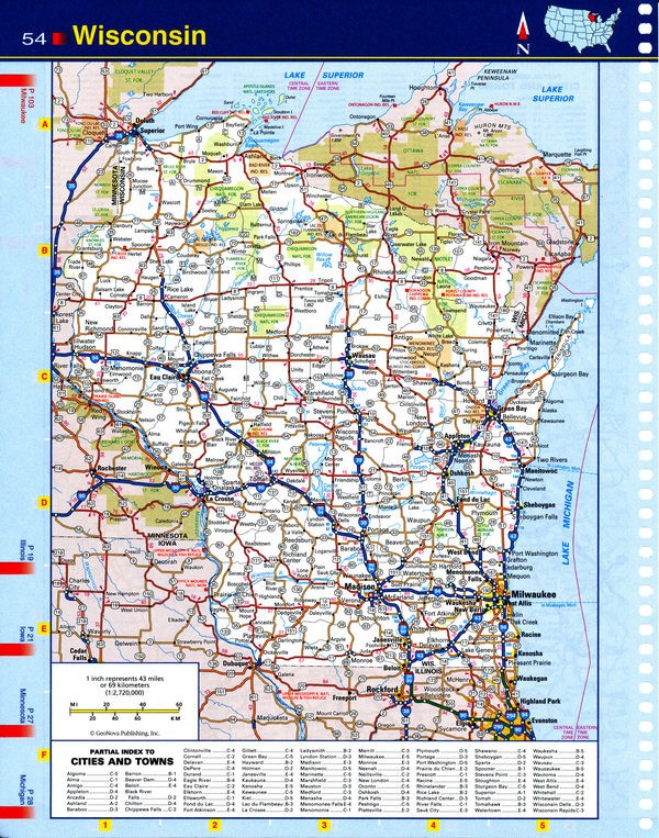 Map of Wisconsin state - national parks, reserves, recreation areas
