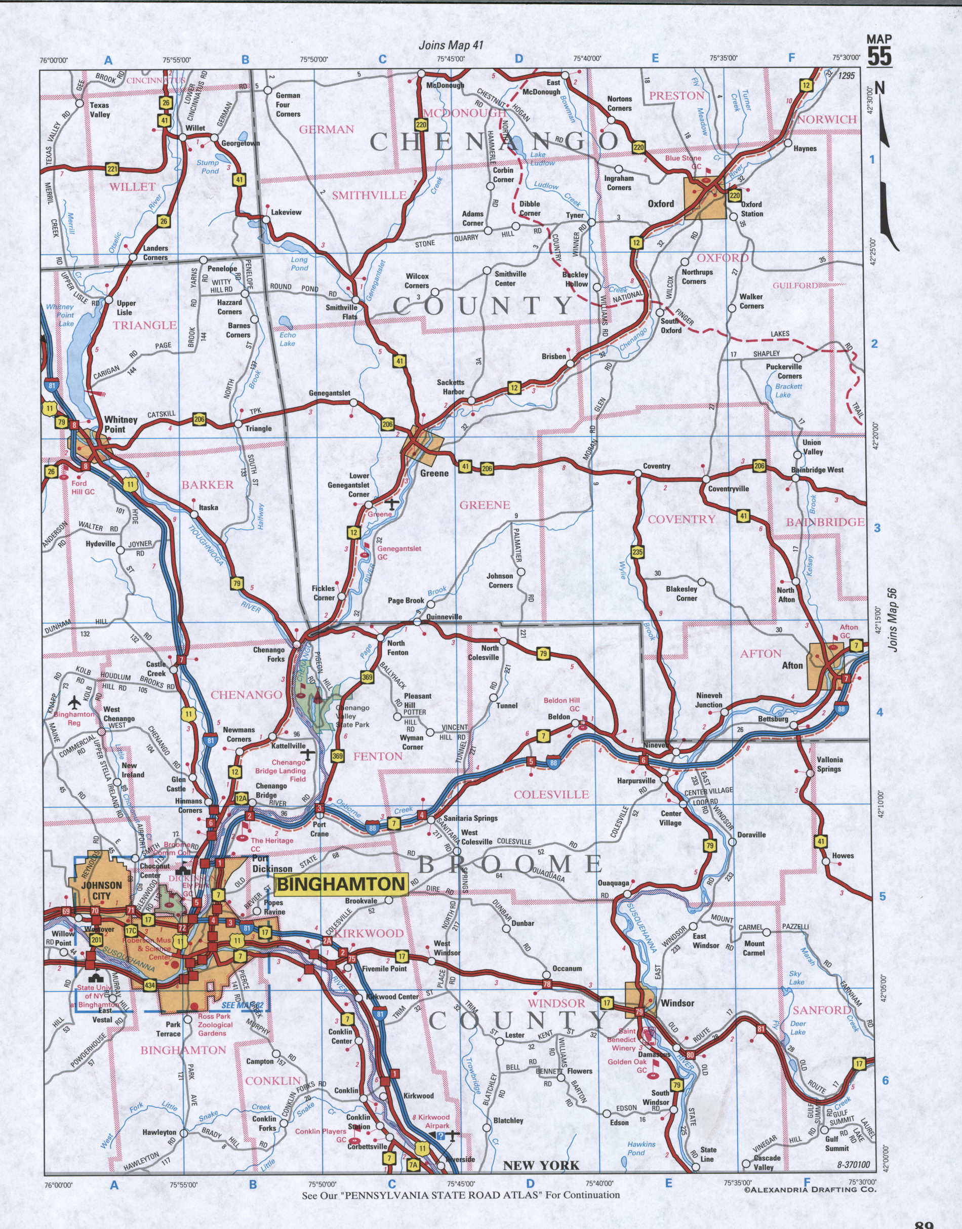 Map of Chenango County, New York state. Large map of county Chenango with cities and villages