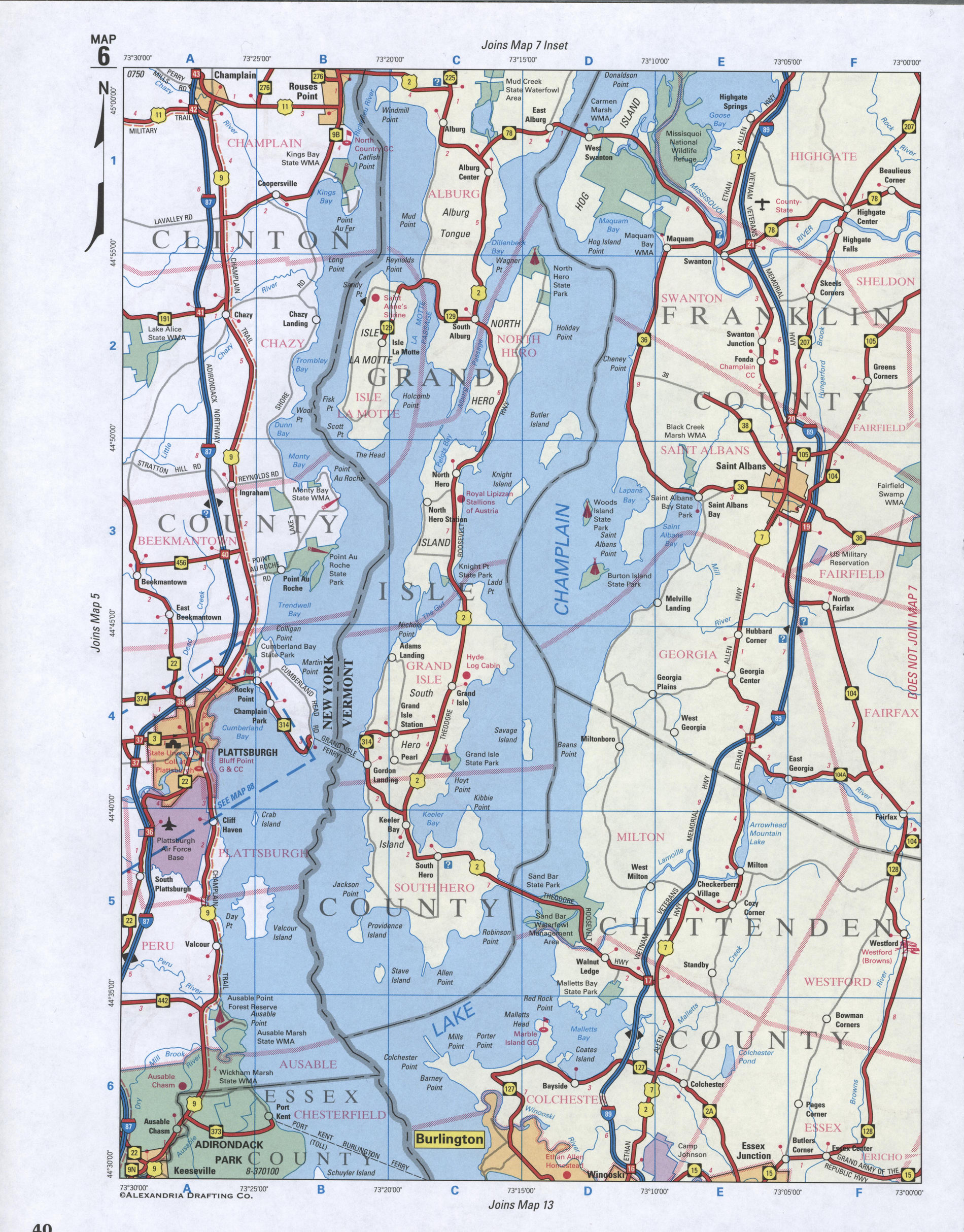 Map of Franklin County, New York state. Large map of county Franklin with cities and villages