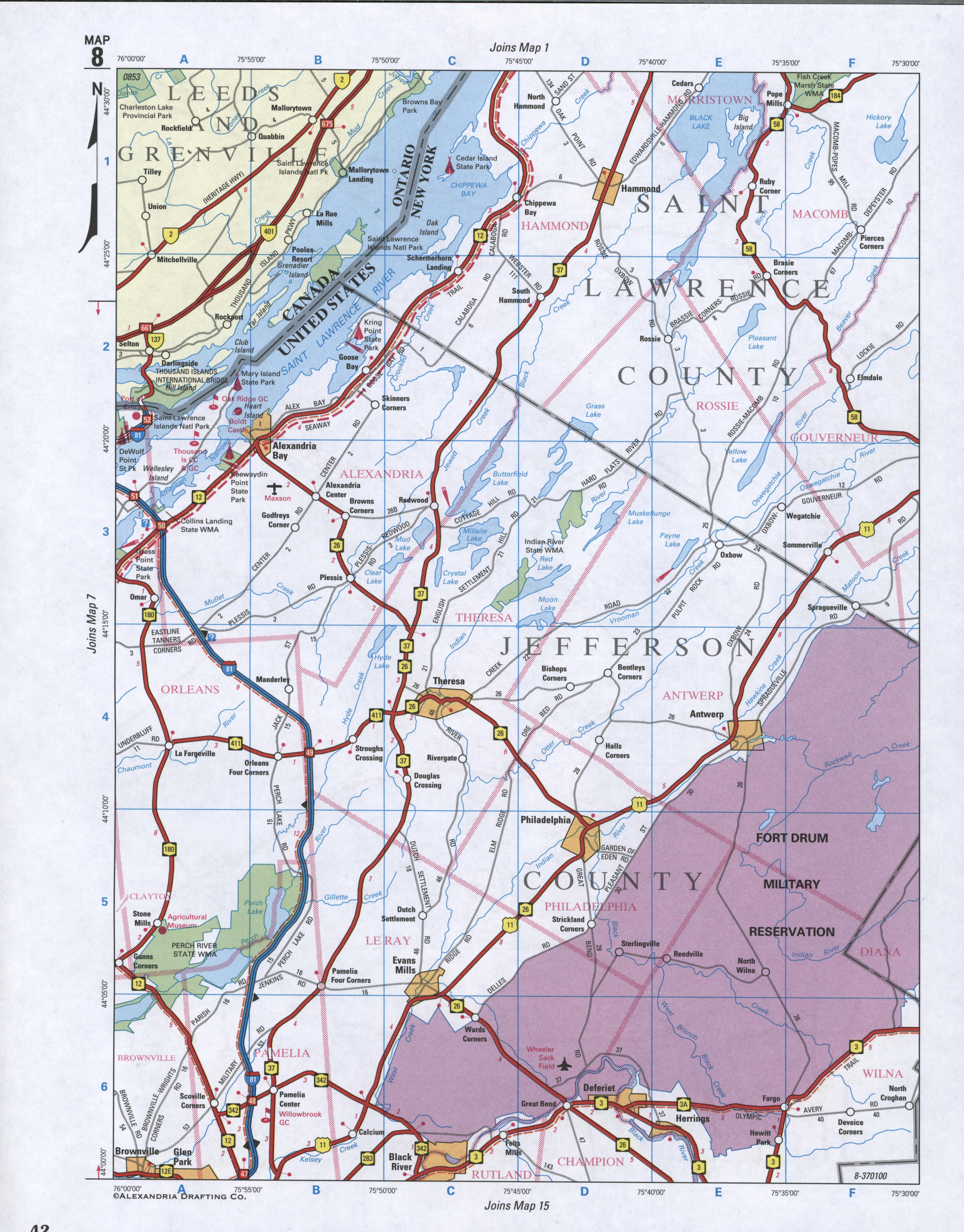 Map of Jefferson County. Large map of county Jefferson with cities and villages