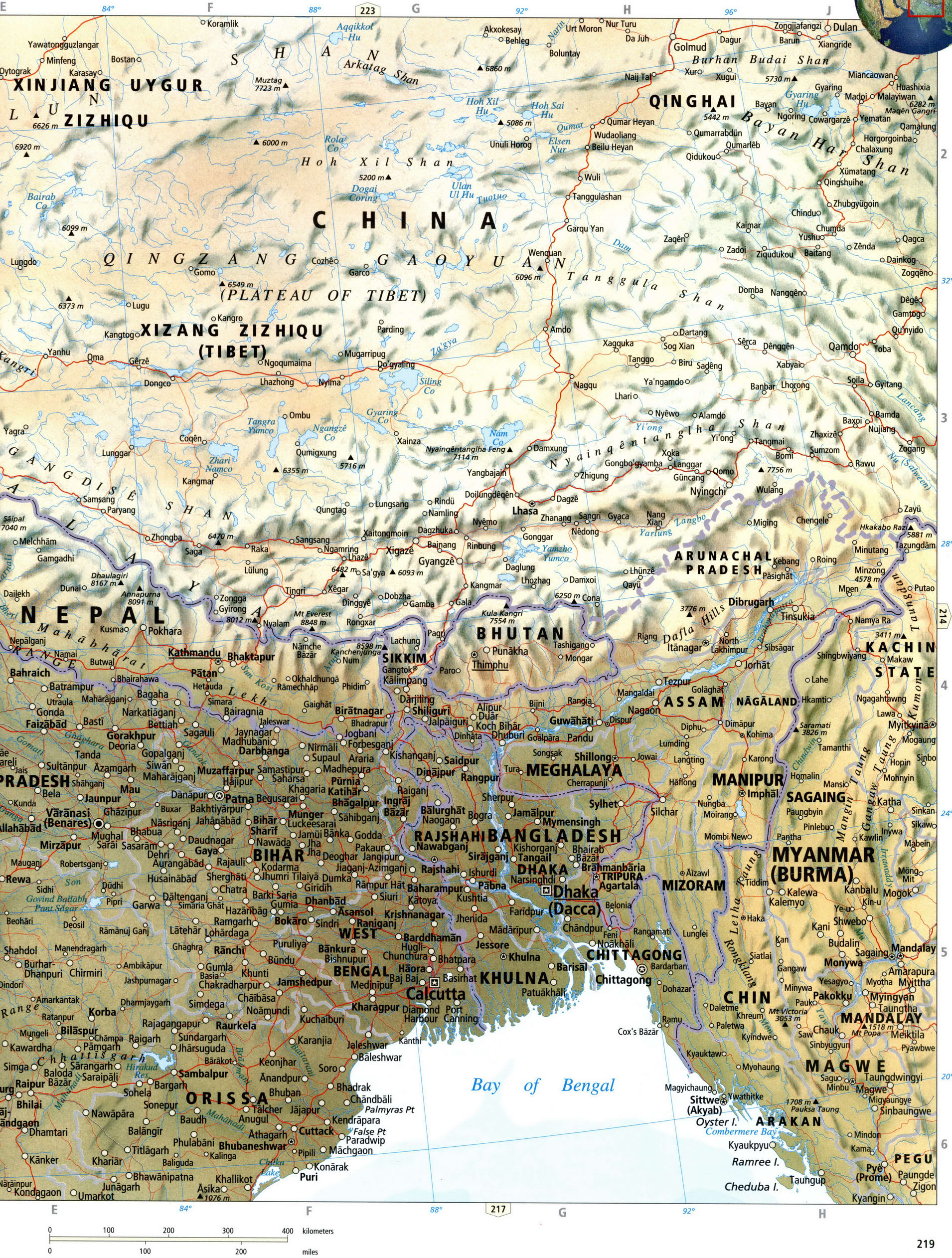 Nepal, Butan, Tibet map