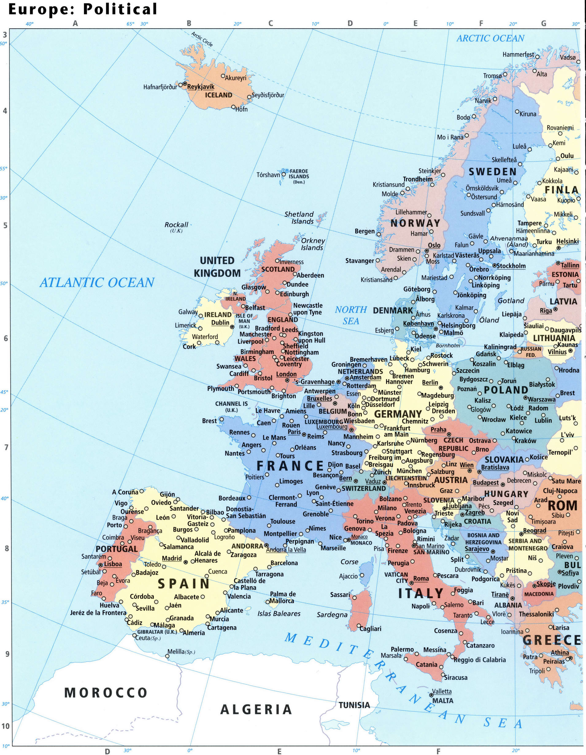 Europe political map with countries borders and capitals, map for free ...