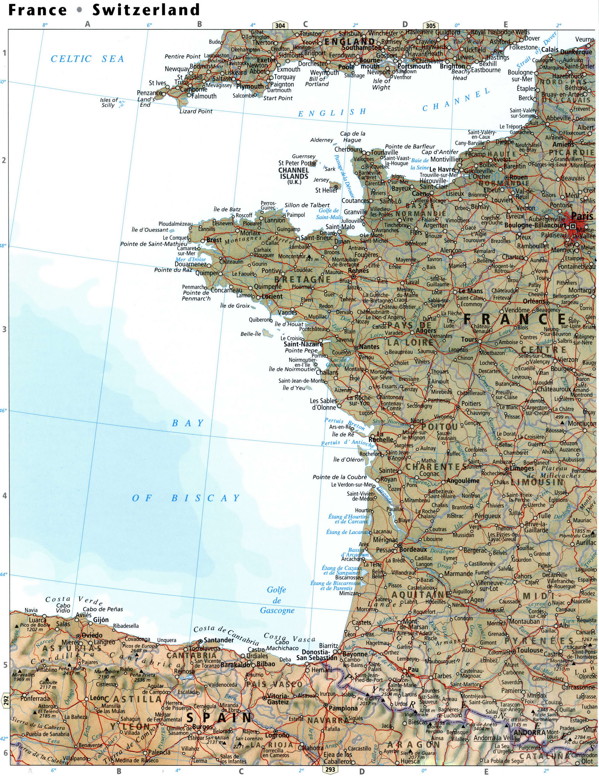 France and Switzerland map physical features, free map with cities ...