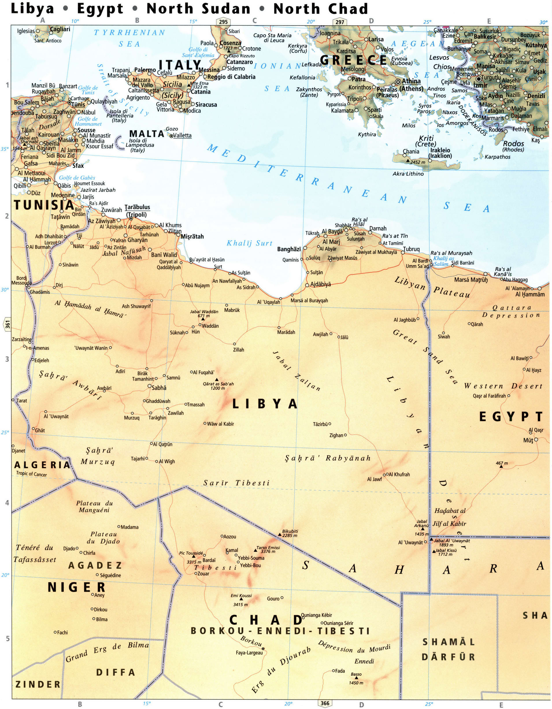 Libya And Egypt Map With Cities Detailed Physical Map Of Libya And