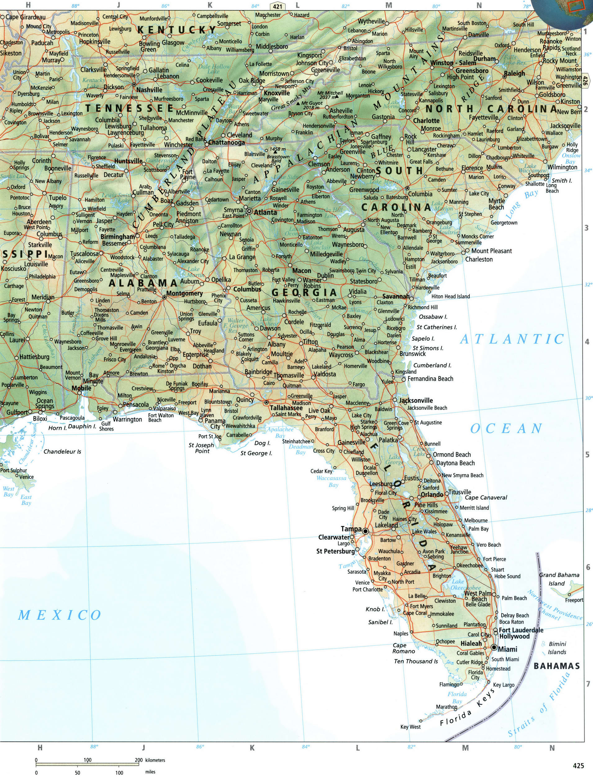 Карта восточной америки. Физическая карта Флориды США. Флорида на физической карте. Восточные штаты карта. Юго Восток Америки на карте.