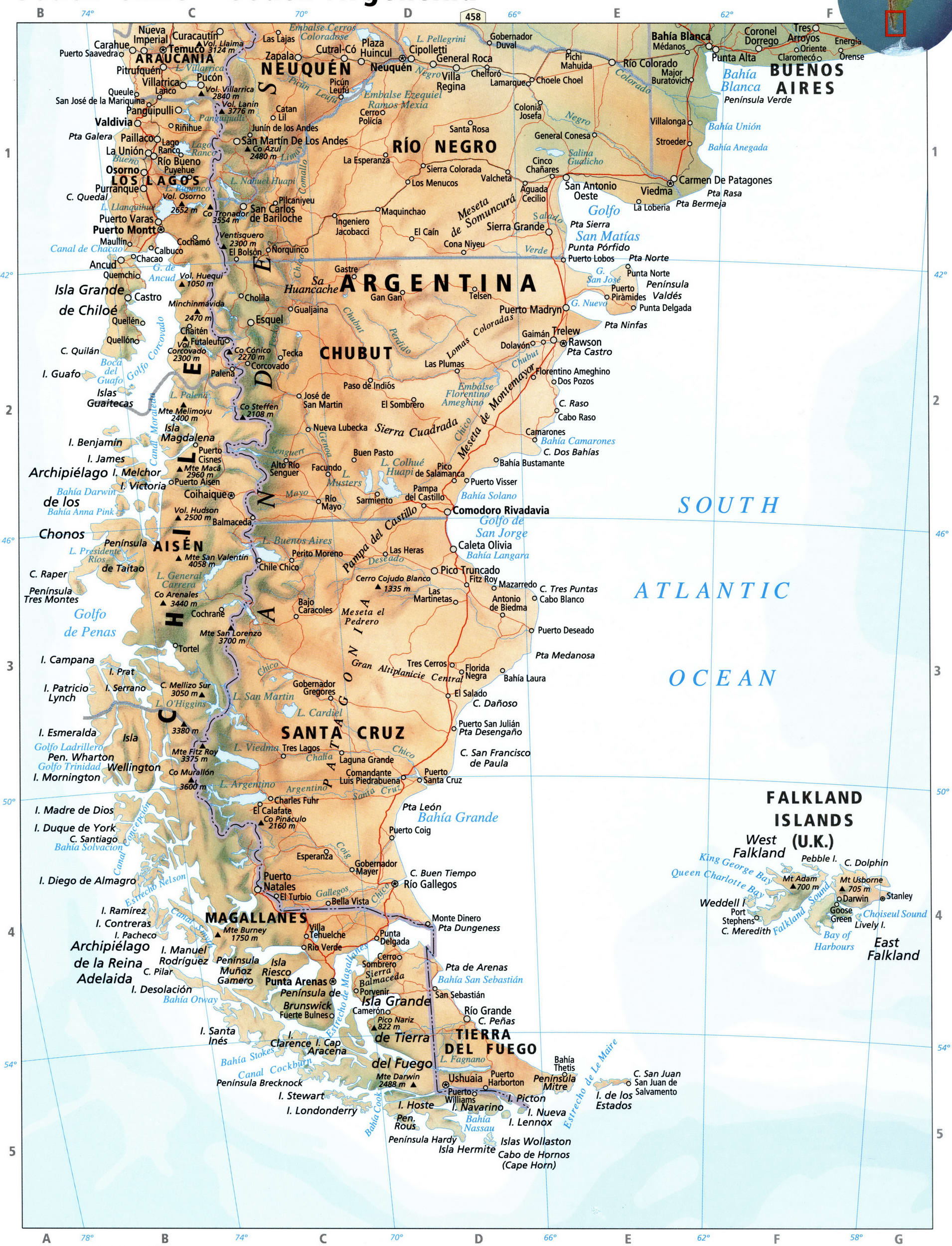 South Chile map, South Argentina map