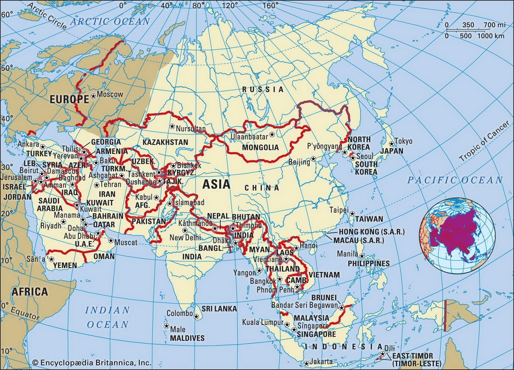 Asia geographical key facts and maps countries, Physical maps regions