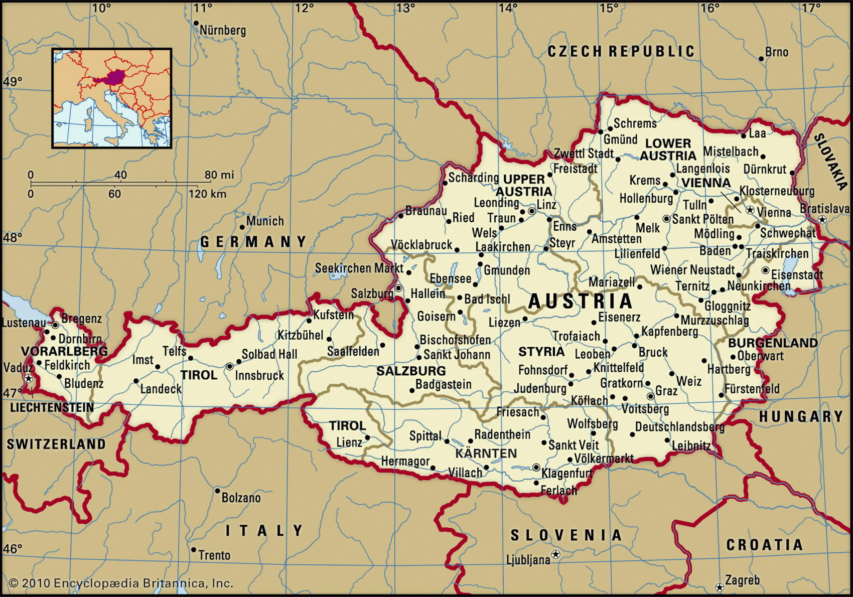 Austria map with cities