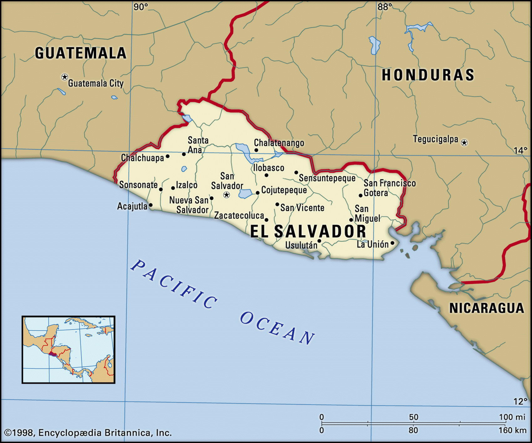 Map of El Salvador with cities and geographical facts population