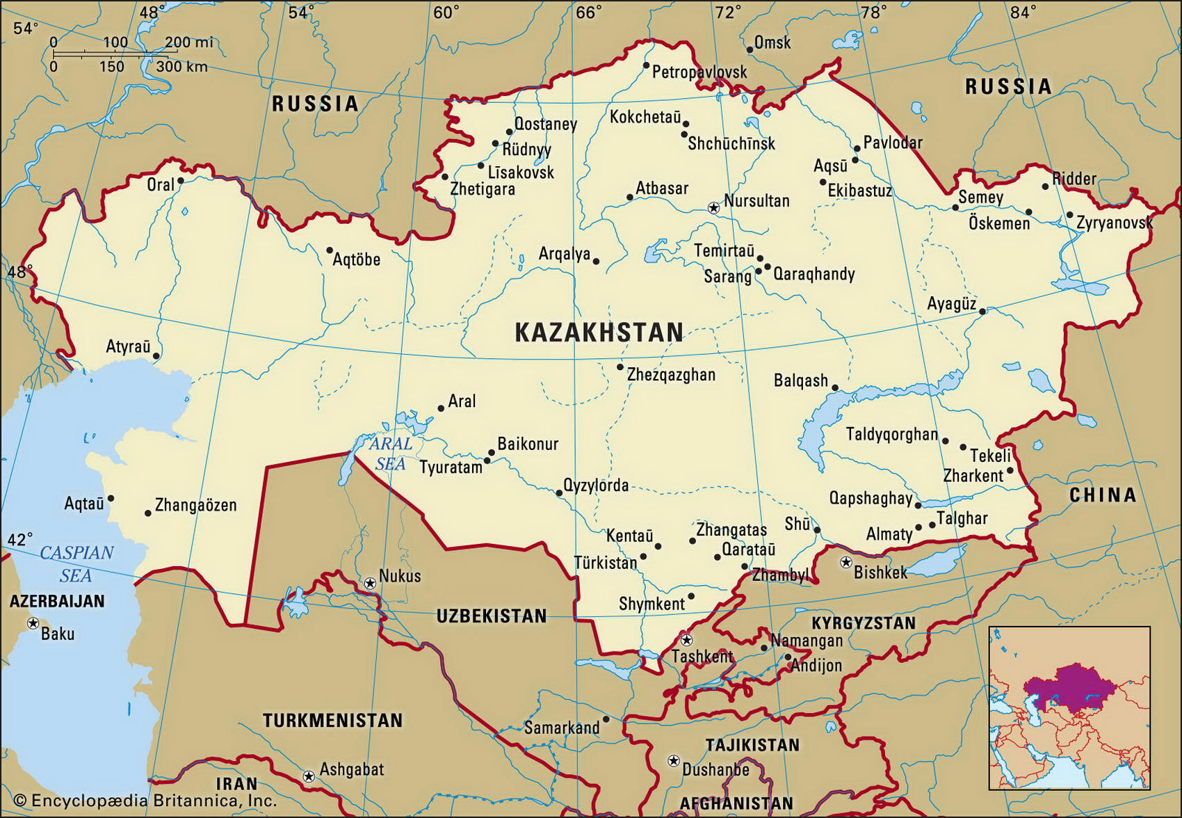 Map of Kazakhstan and geographical facts, Where Kazakhstan on the world