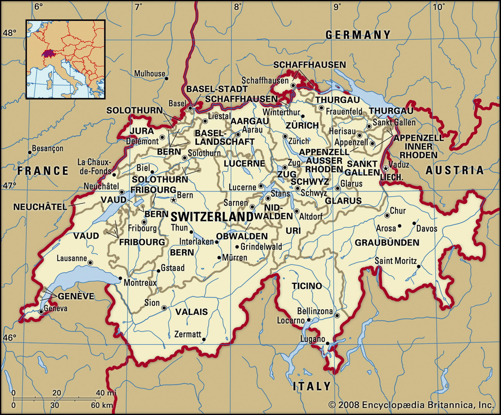 Switzerland geographical facts. Map of Switzerland with cities - World